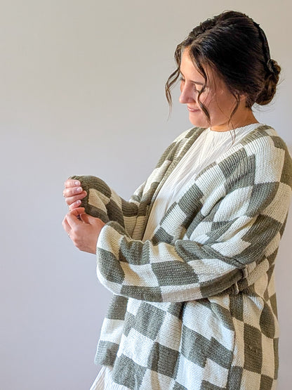 'Lauren' Checkered Cardigan in Olive