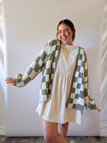'Lauren' Checkered Cardigan in Olive