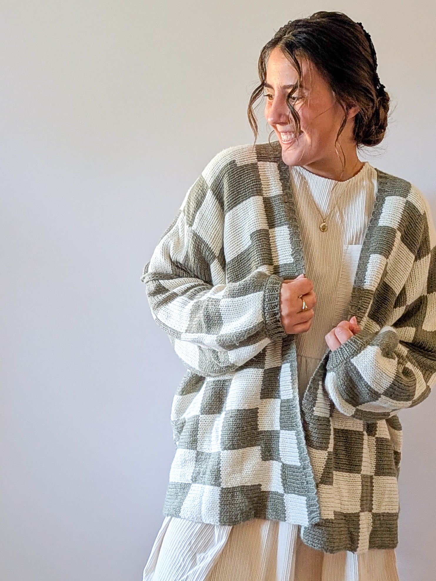 'Lauren' Checkered Cardigan in Olive