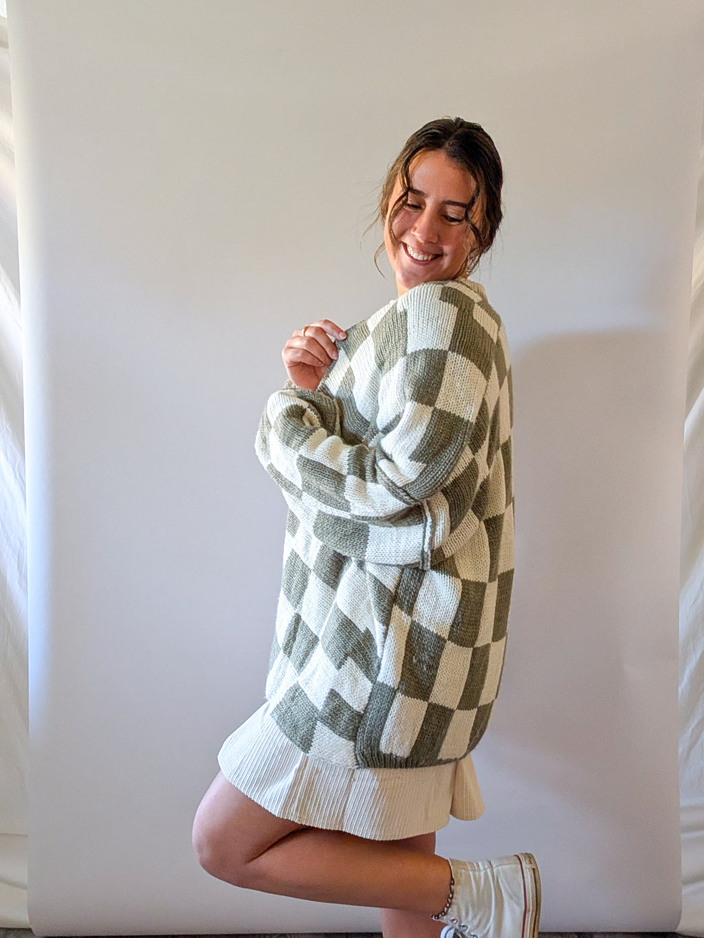 'Lauren' Checkered Cardigan in Olive