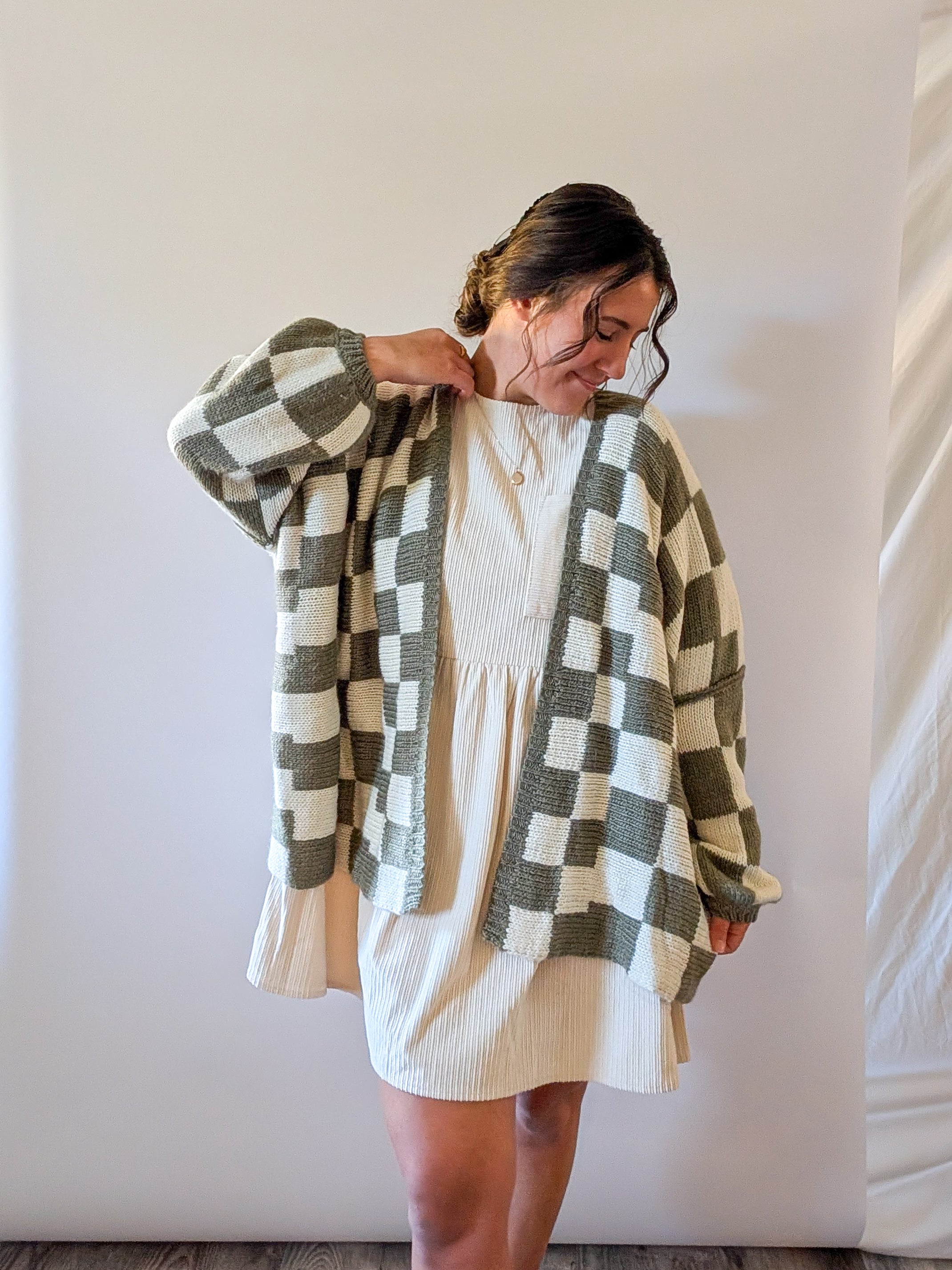 'Lauren' Checkered Cardigan in Olive
