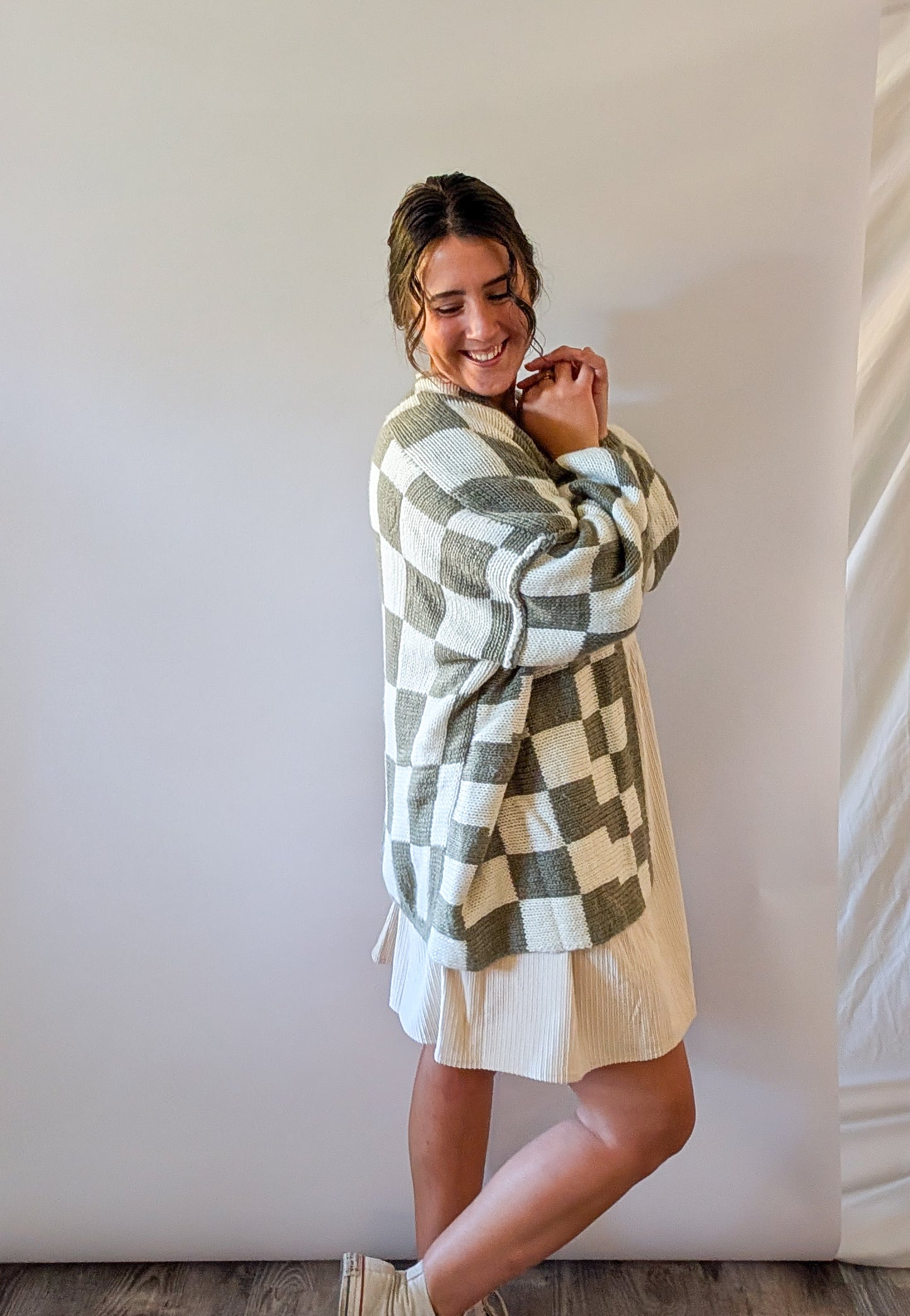 'Lauren' Checkered Cardigan in Olive