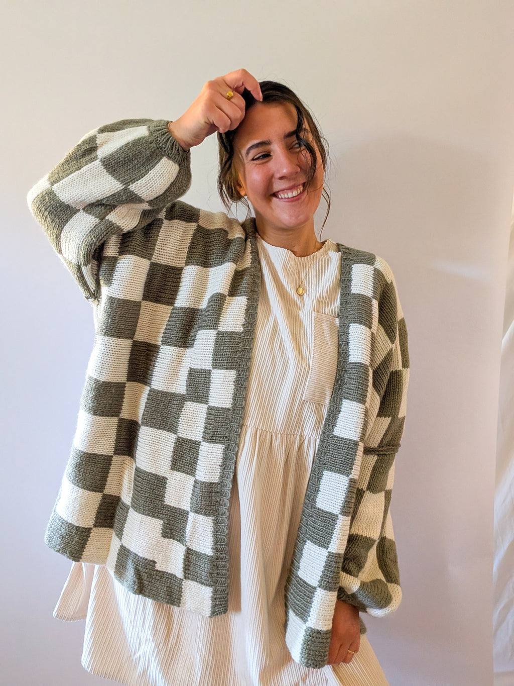 'Lauren' Checkered Cardigan in Olive