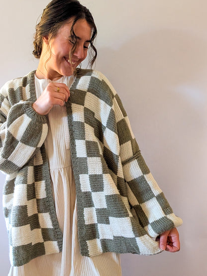 'Lauren' Checkered Cardigan in Olive