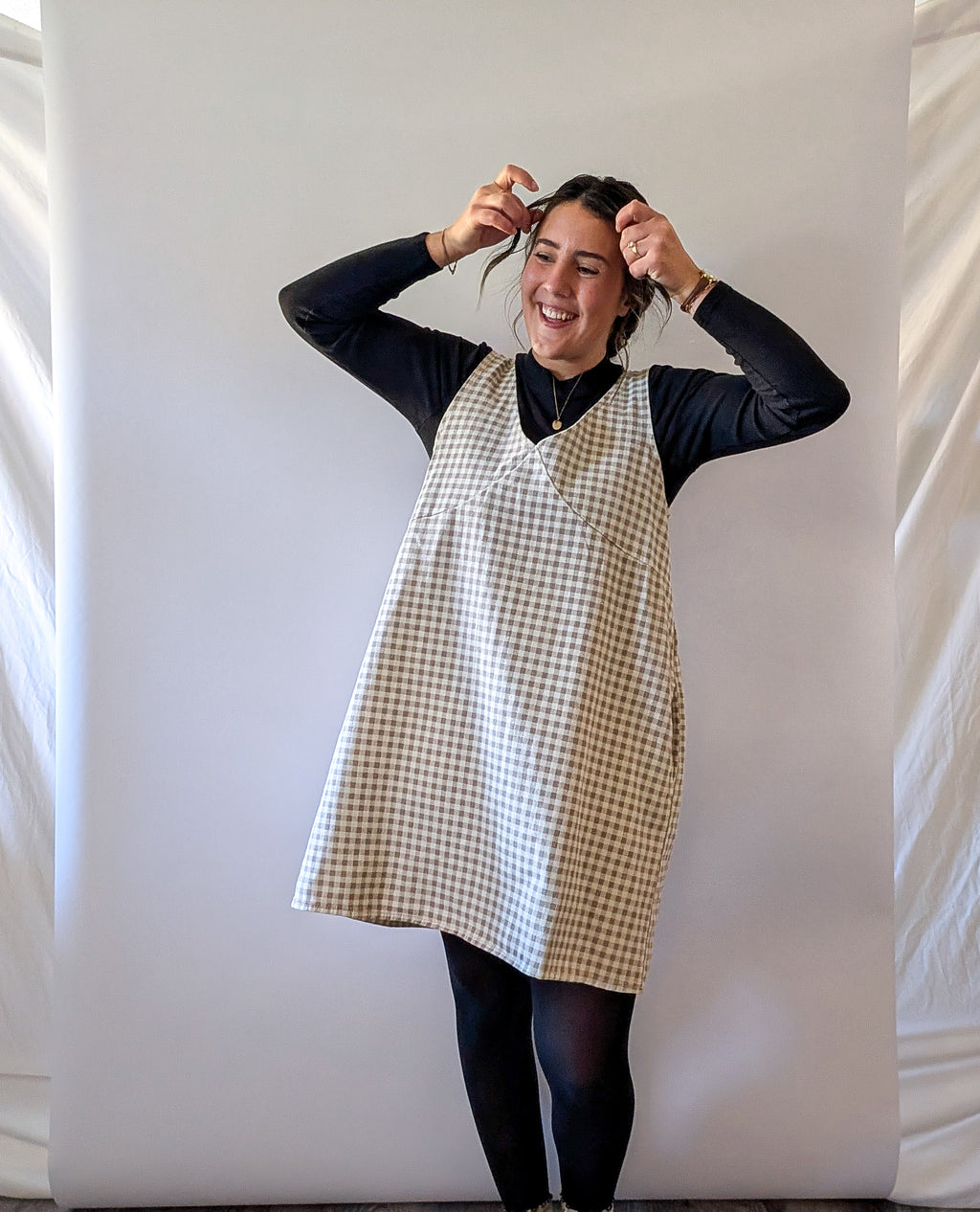 'Parker' Gingham Mini Jumper in Beige