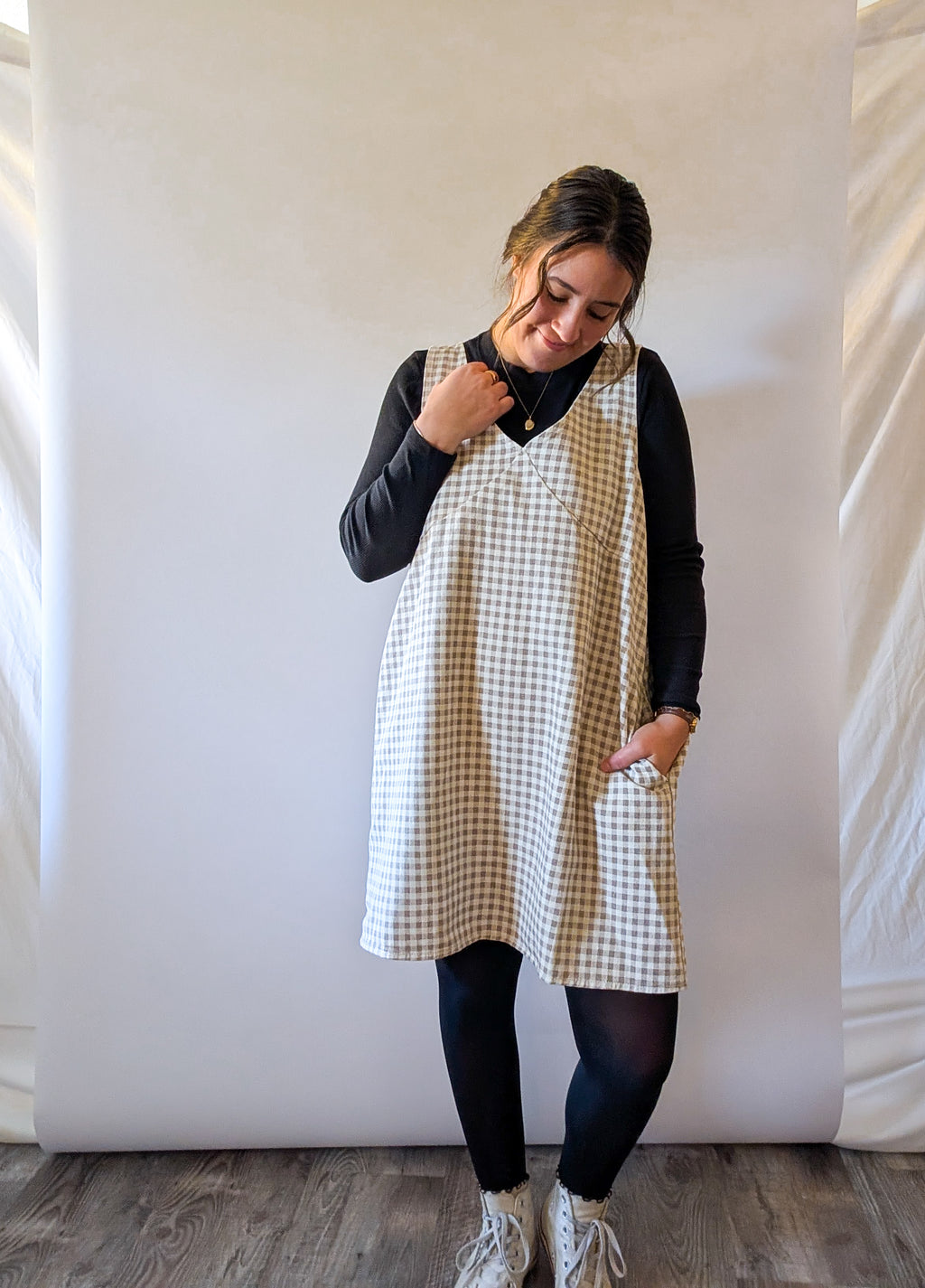 'Parker' Gingham Mini Jumper in Beige