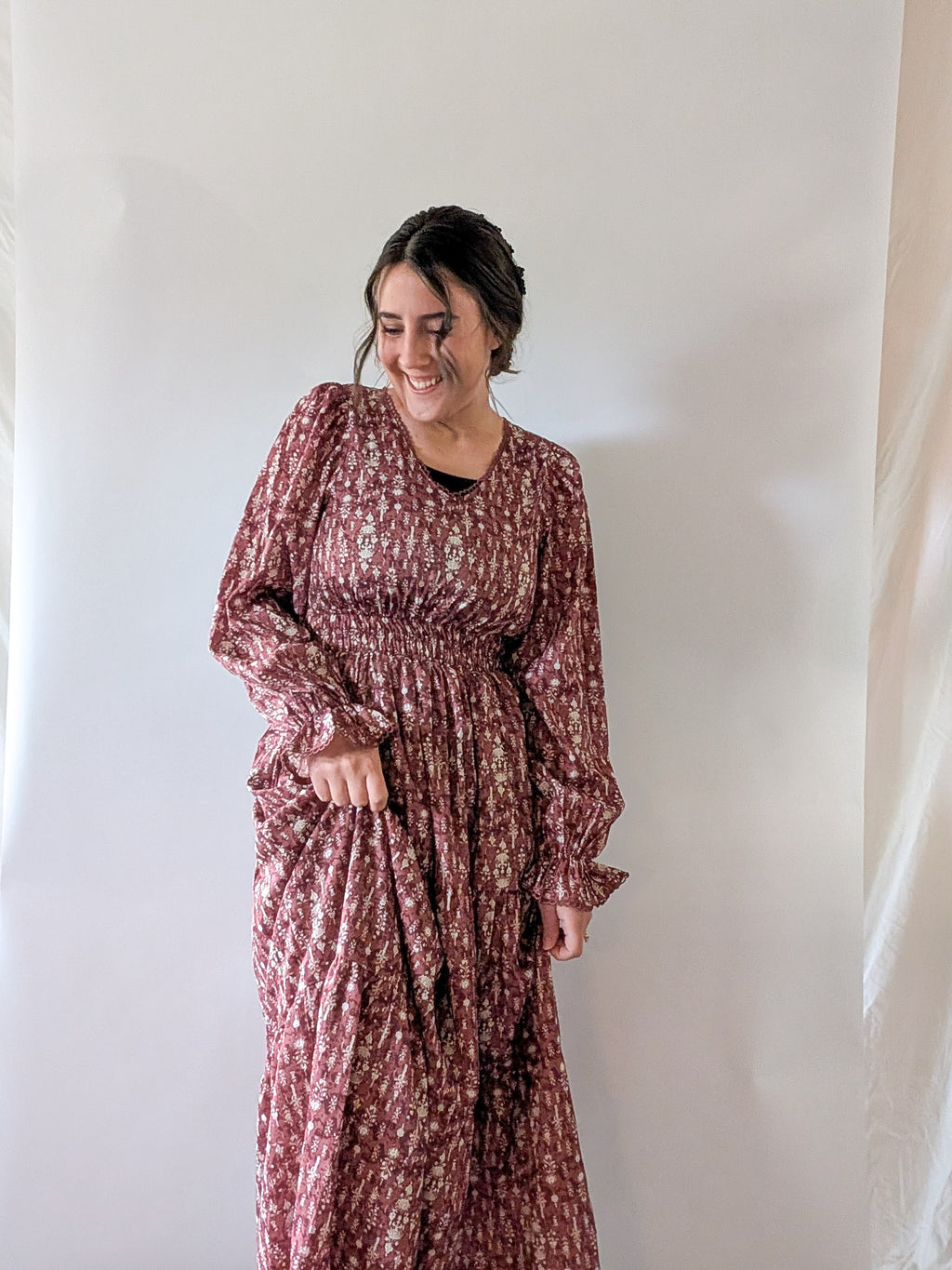 'Kendall' Long Sleeve Maxi Dress in Light Maroon