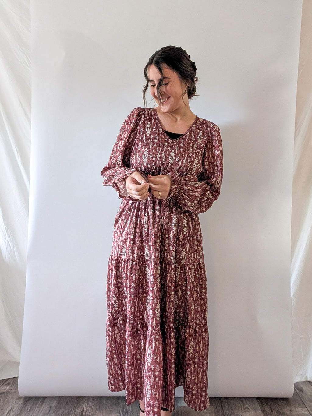'Kendall' Long Sleeve Maxi Dress in Light Maroon