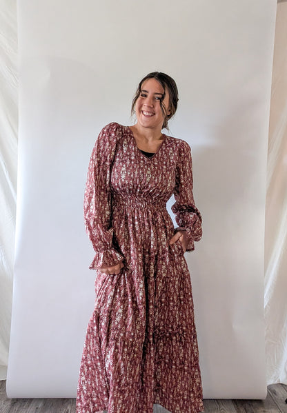 'Kendall' Long Sleeve Maxi Dress in Light Maroon