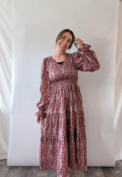 'Kendall' Long Sleeve Maxi Dress in Light Maroon