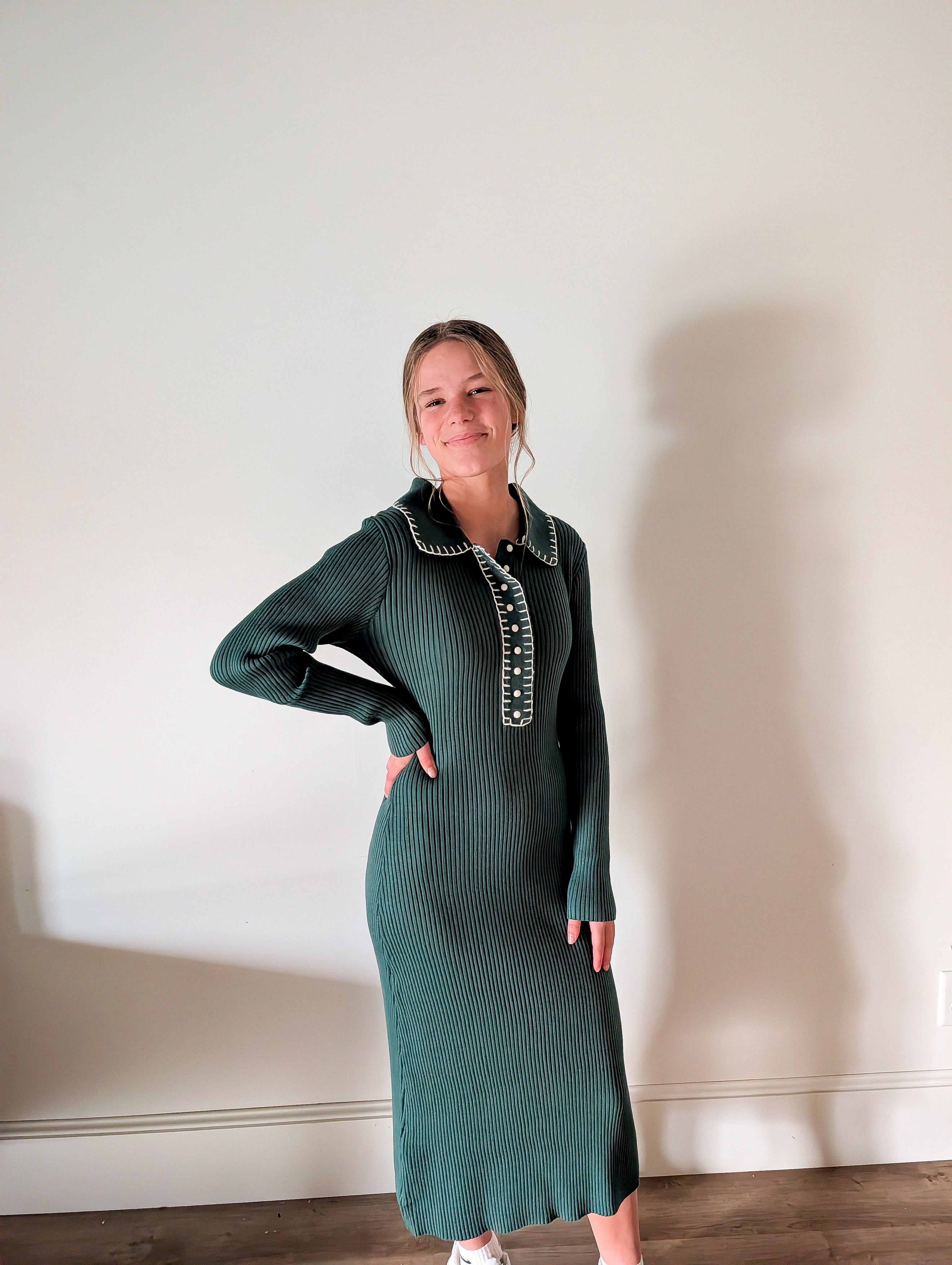 'Emmy' Ribbed Knit Midi Dress in Dark Sage