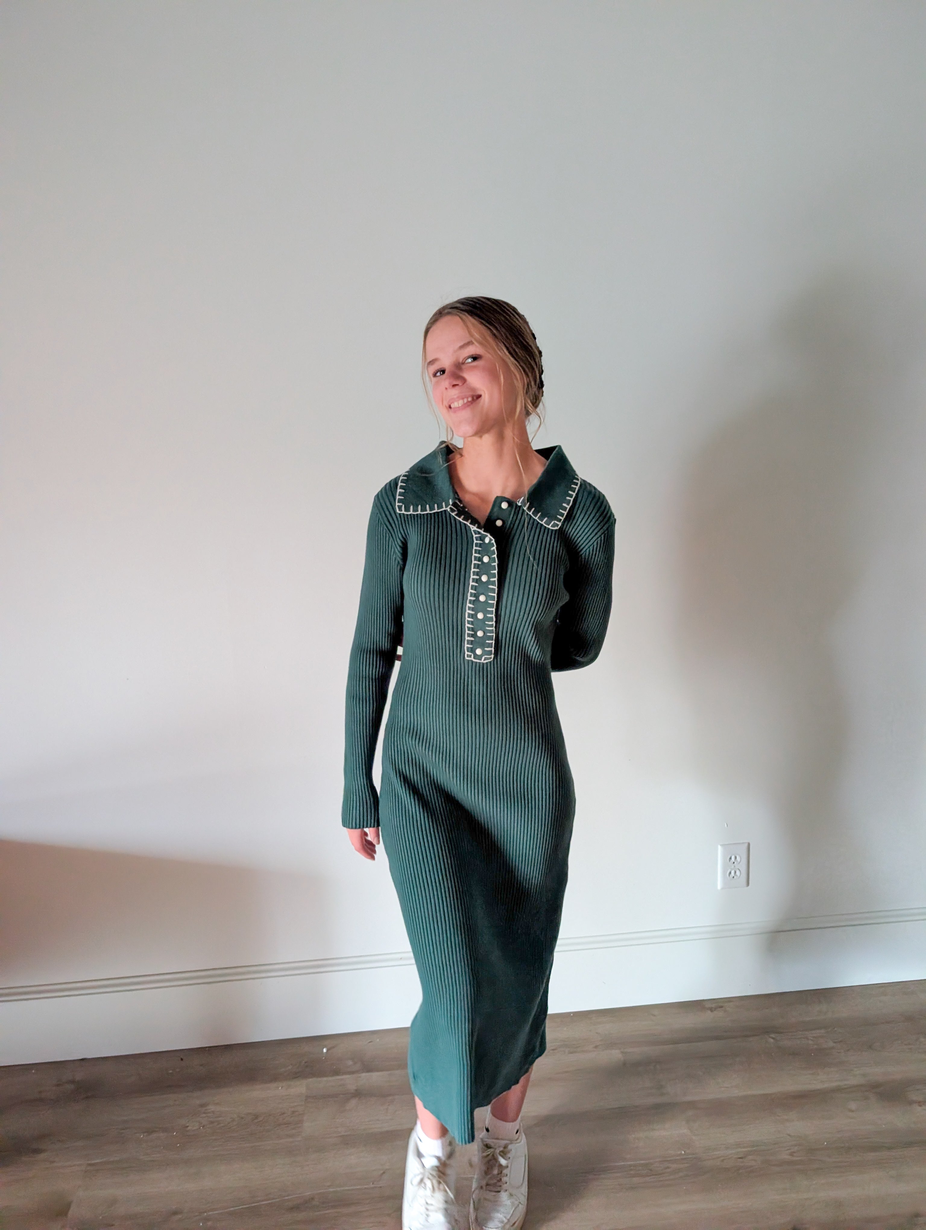 'Emmy' Ribbed Knit Midi Dress in Dark Sage