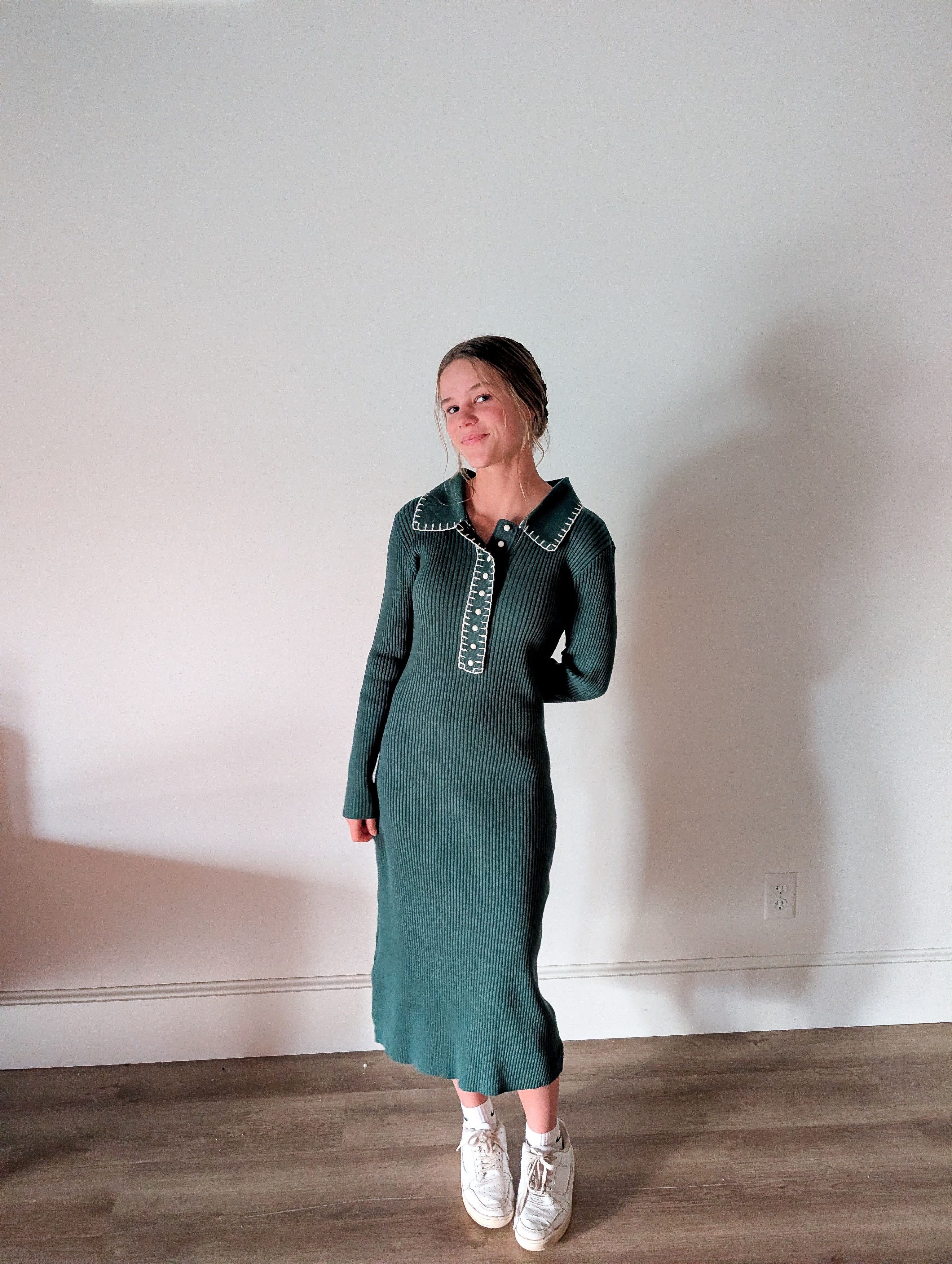'Emmy' Ribbed Knit Midi Dress in Dark Sage