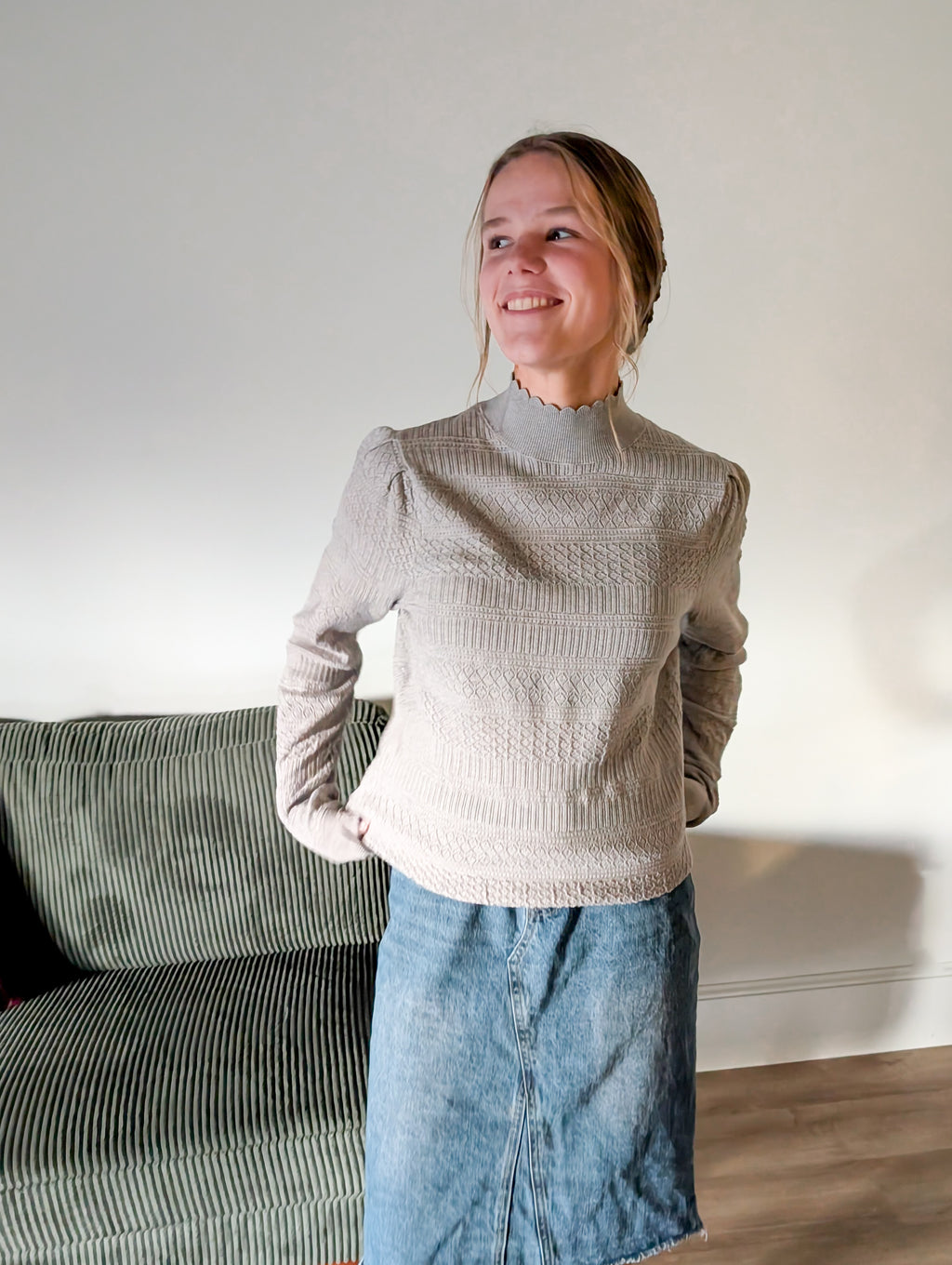 'Macy' Pointelle Knit Mock Neck Top in Heather Grey