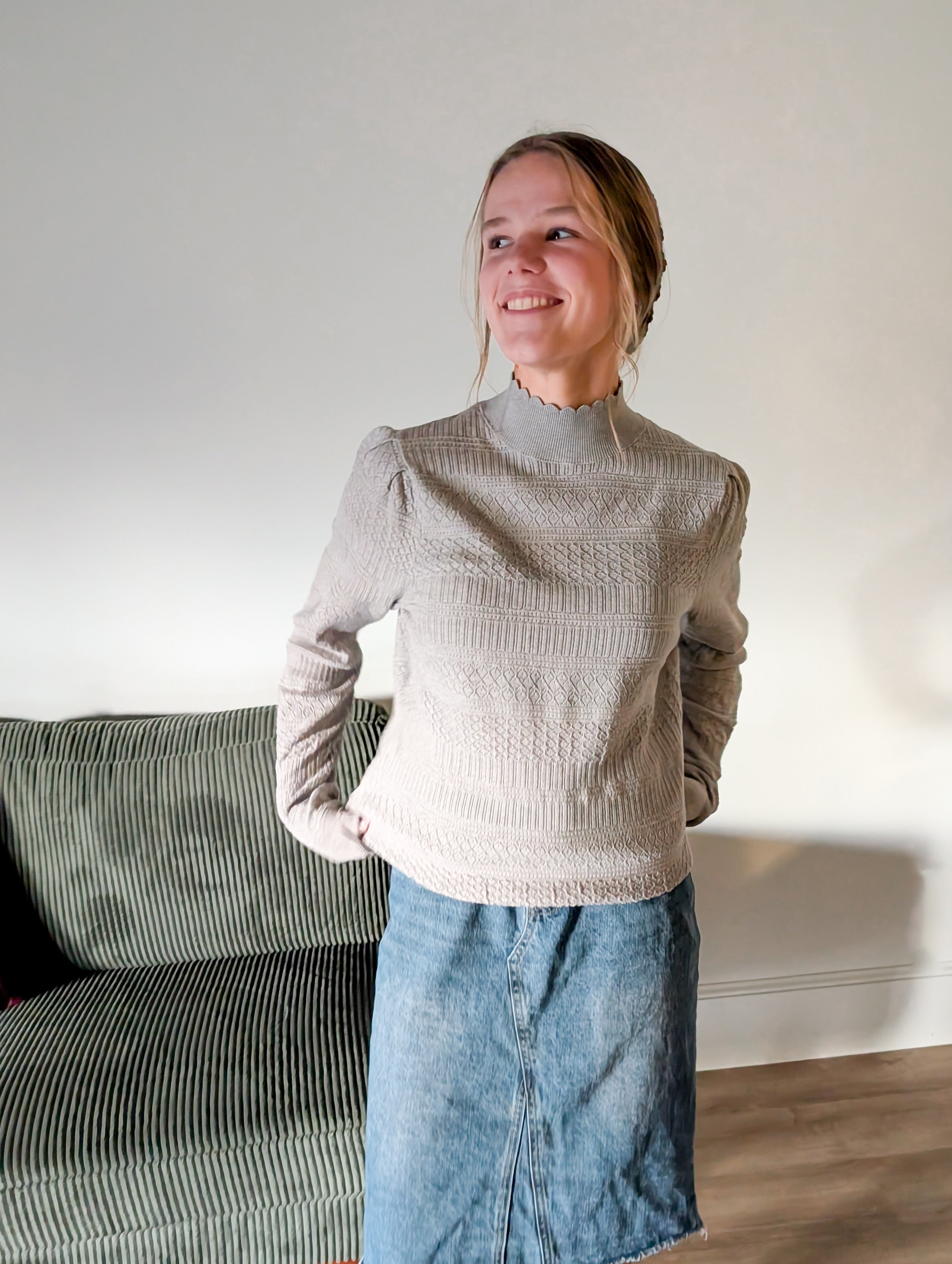 'Macy' Pointelle Knit Mock Neck Top in Heather Grey