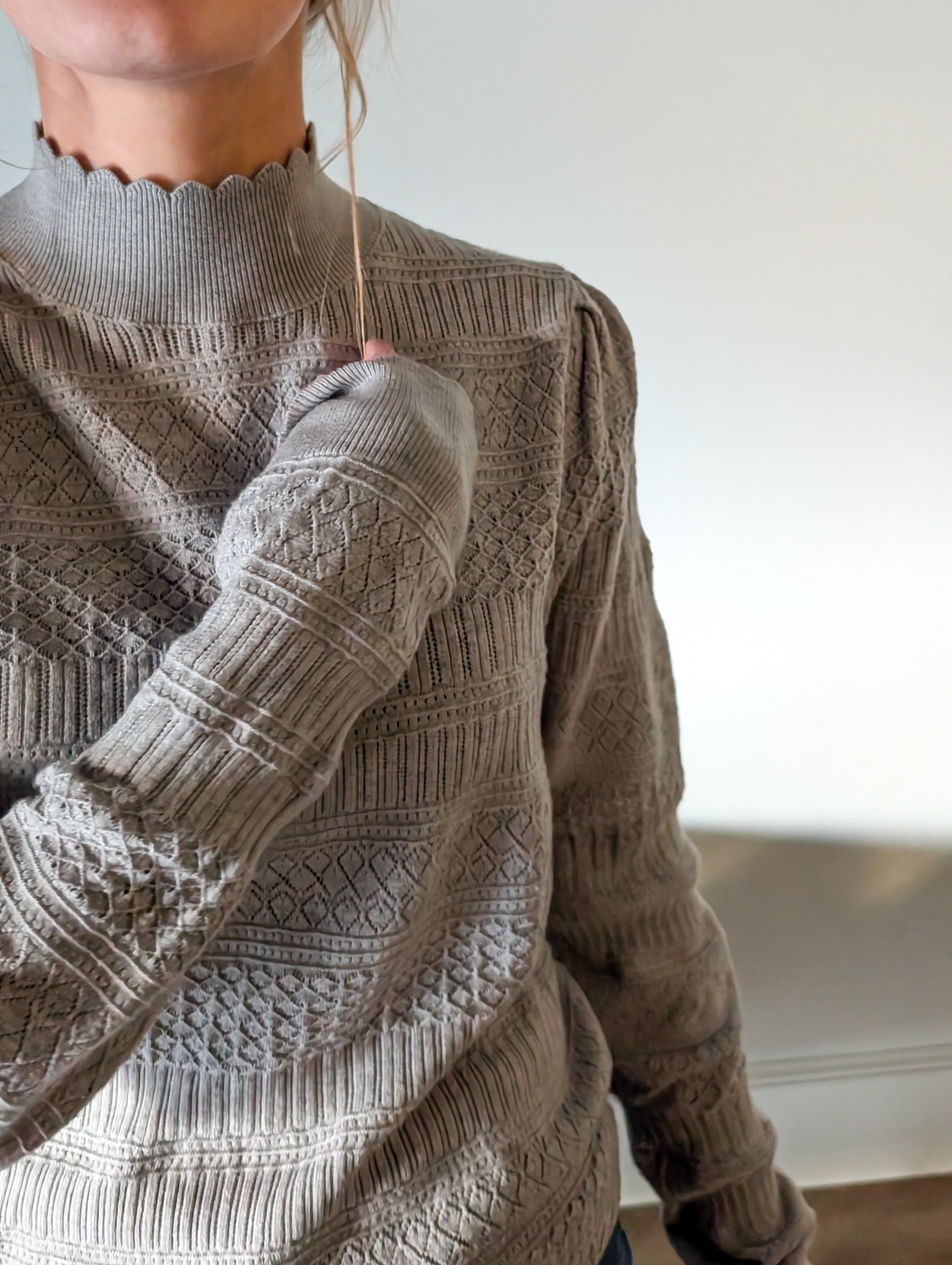 'Macy' Pointelle Knit Mock Neck Top in Heather Grey