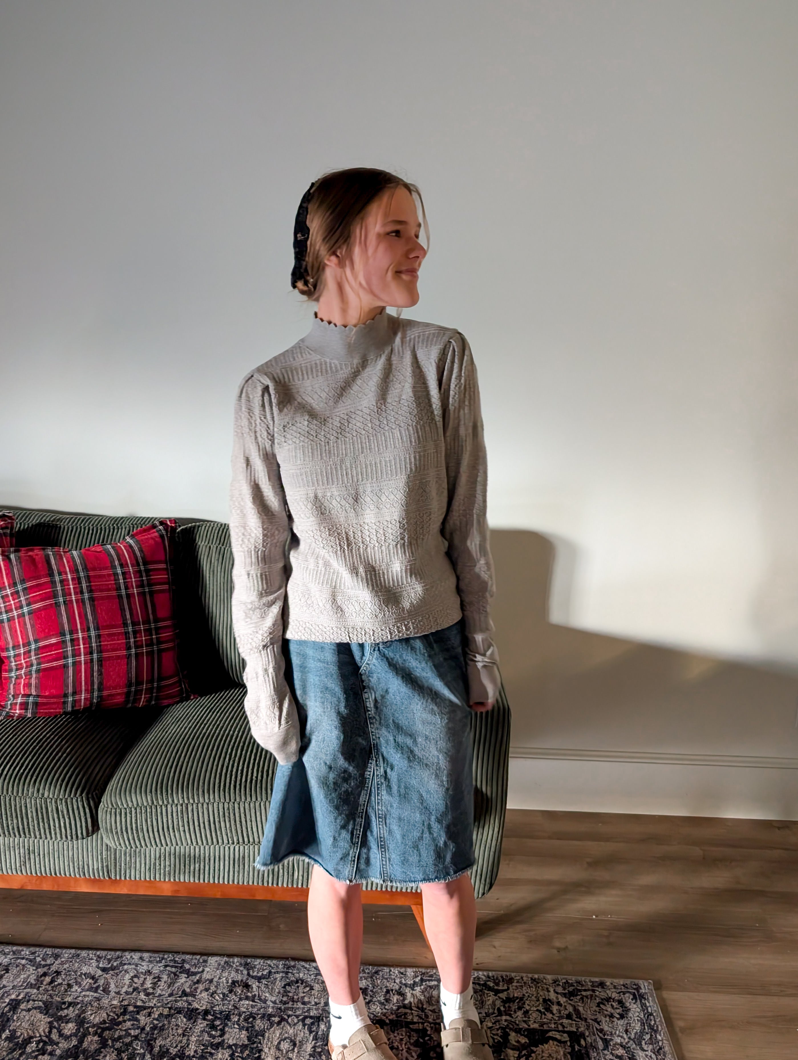 'Macy' Pointelle Knit Mock Neck Top in Heather Grey