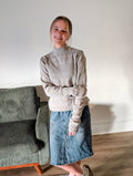 'Macy' Pointelle Knit Mock Neck Top in Heather Grey