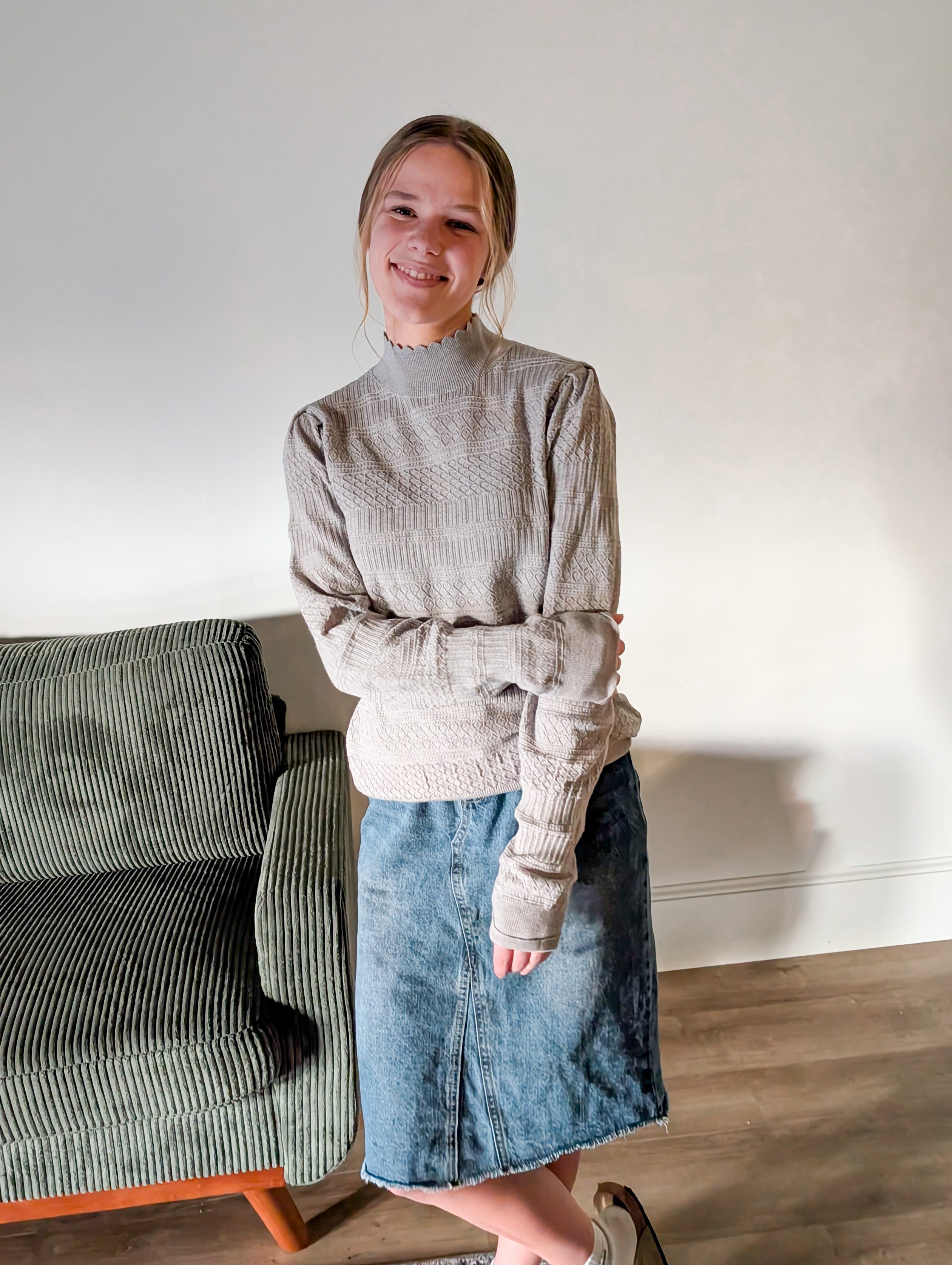 'Macy' Pointelle Knit Mock Neck Top in Heather Grey