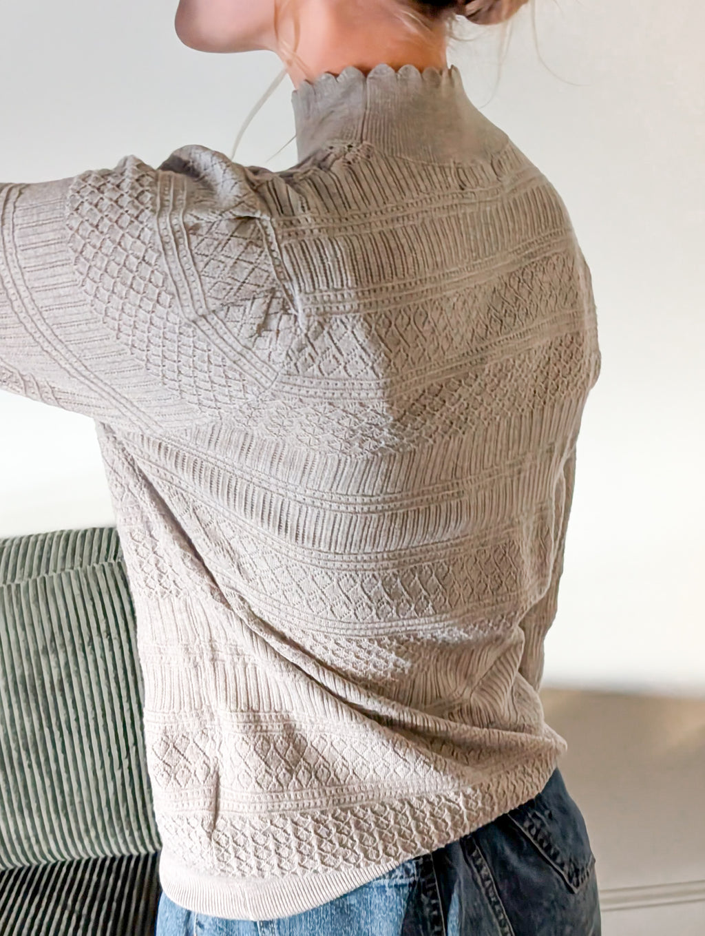 'Macy' Pointelle Knit Mock Neck Top in Heather Grey