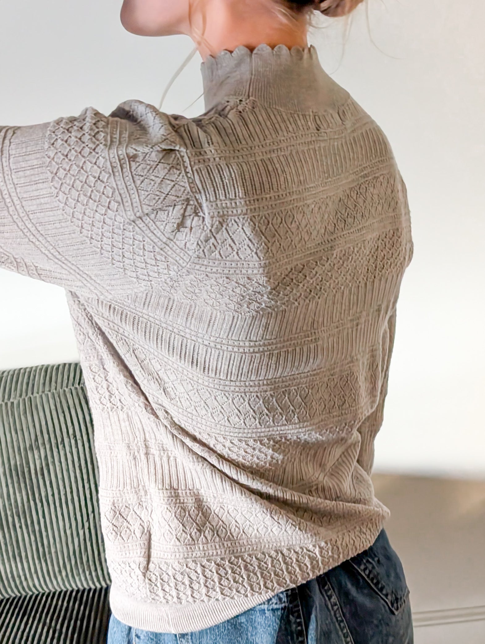 'Macy' Pointelle Knit Mock Neck Top in Heather Grey