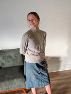 'Macy' Pointelle Knit Mock Neck Top in Heather Grey