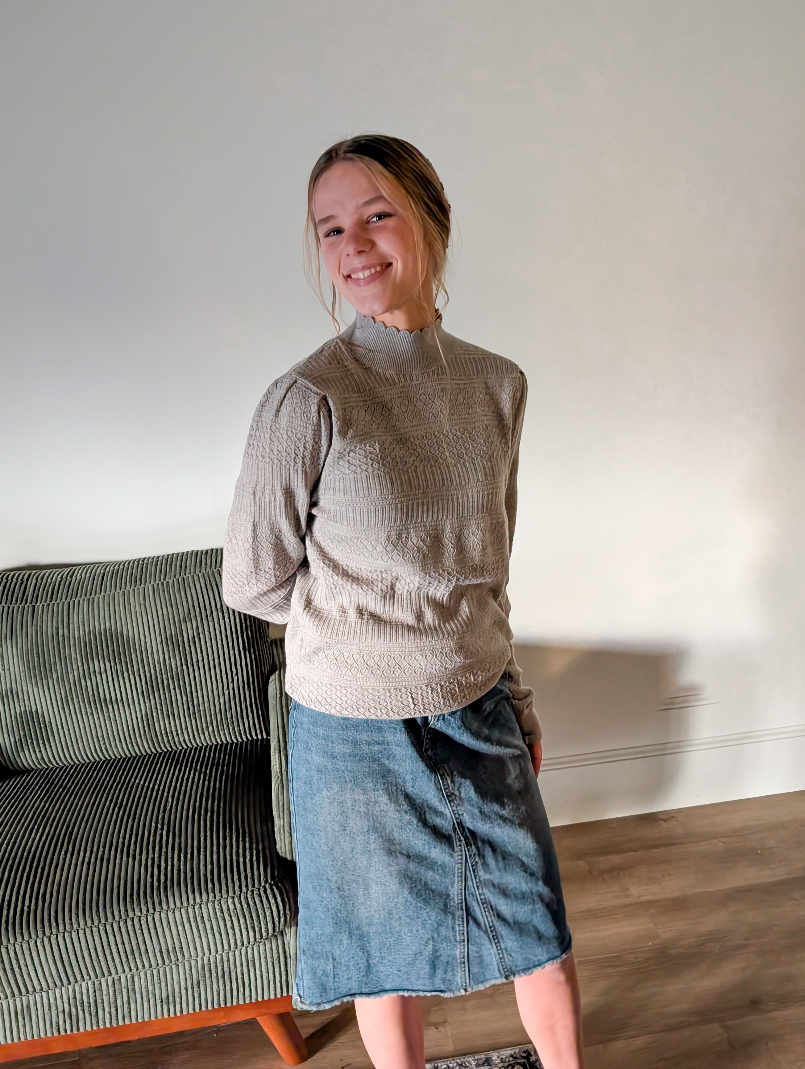 'Macy' Pointelle Knit Mock Neck Top in Heather Grey