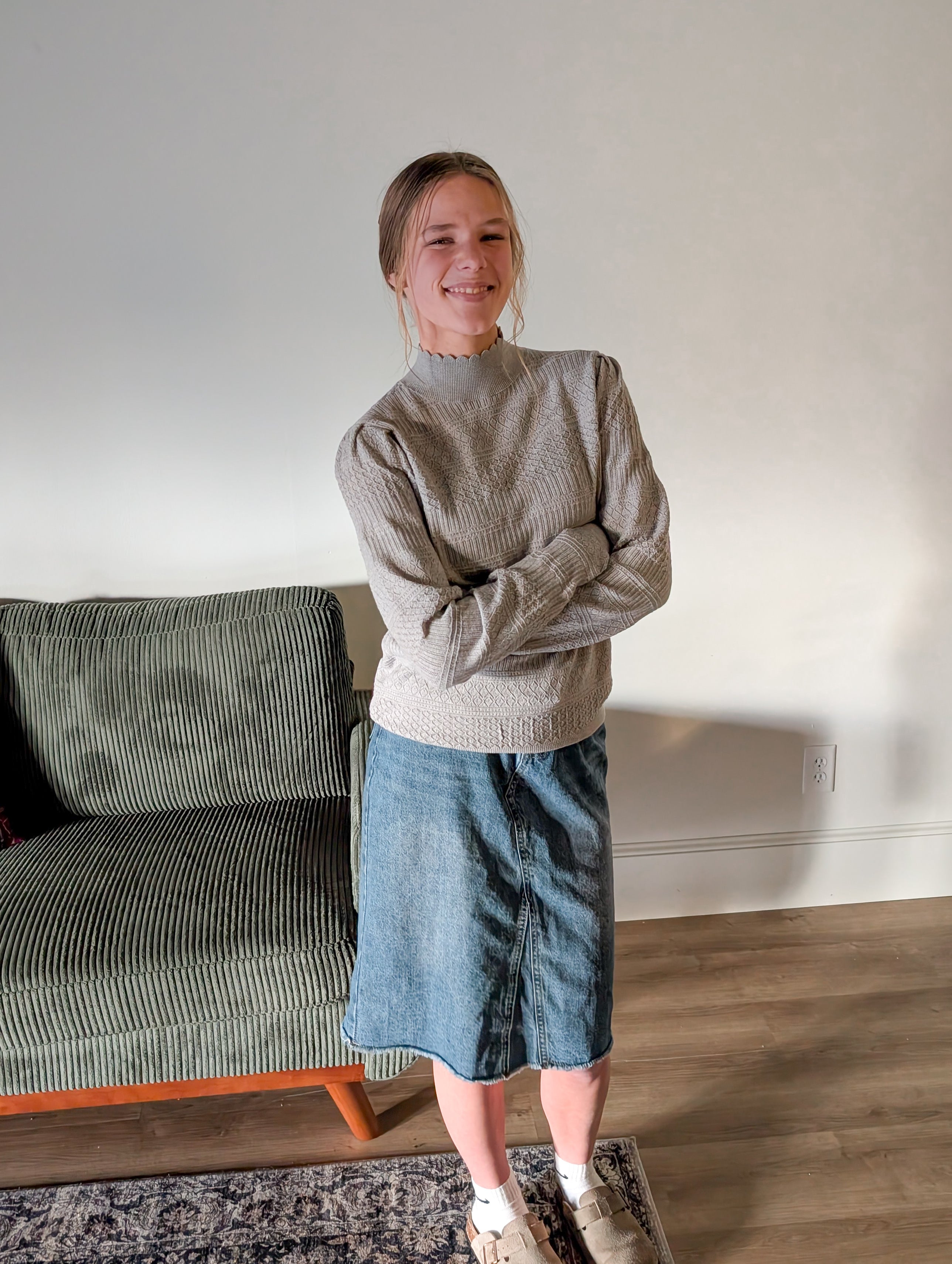 'Macy' Pointelle Knit Mock Neck Top in Heather Grey