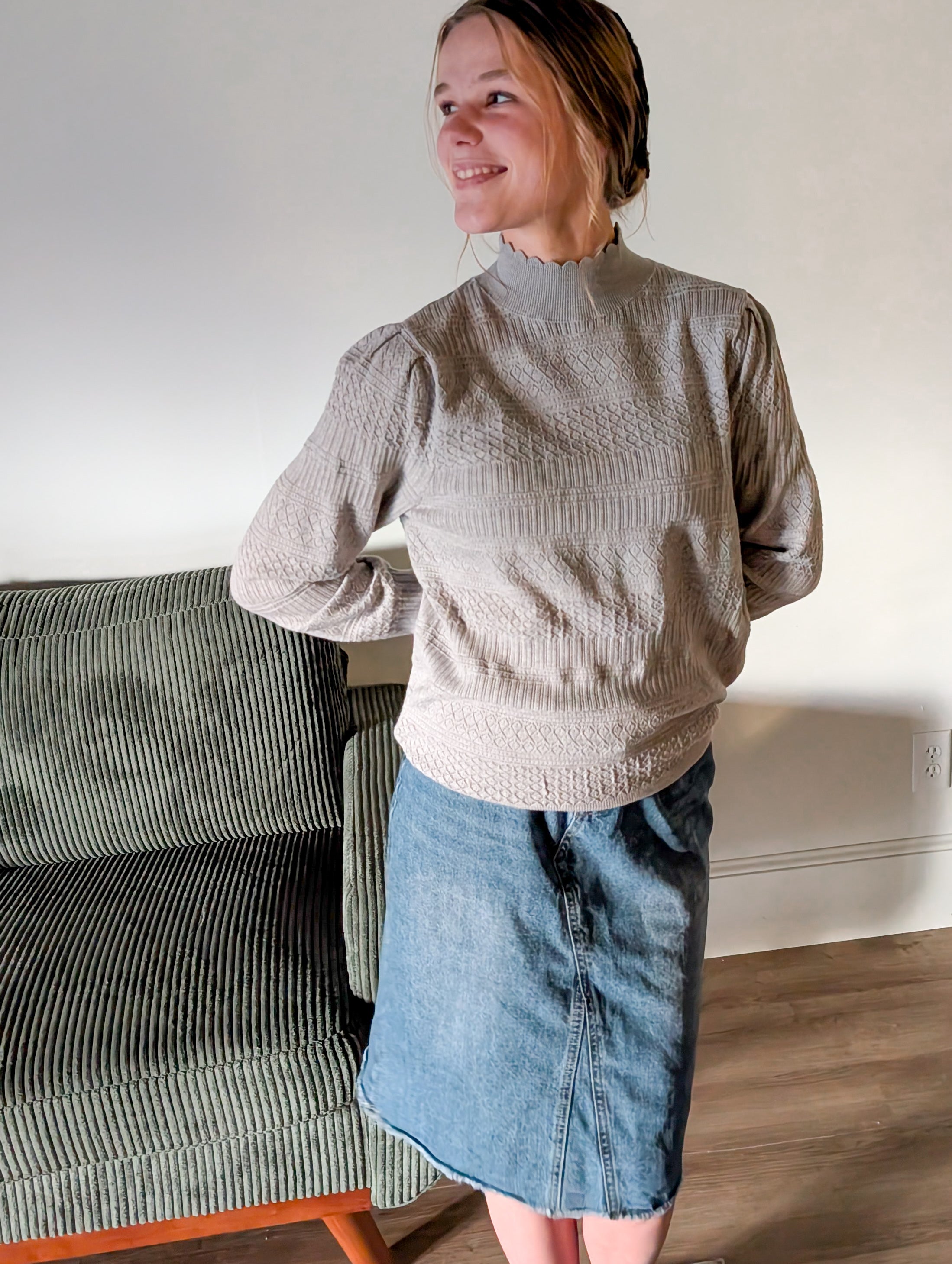 'Macy' Pointelle Knit Mock Neck Top in Heather Grey