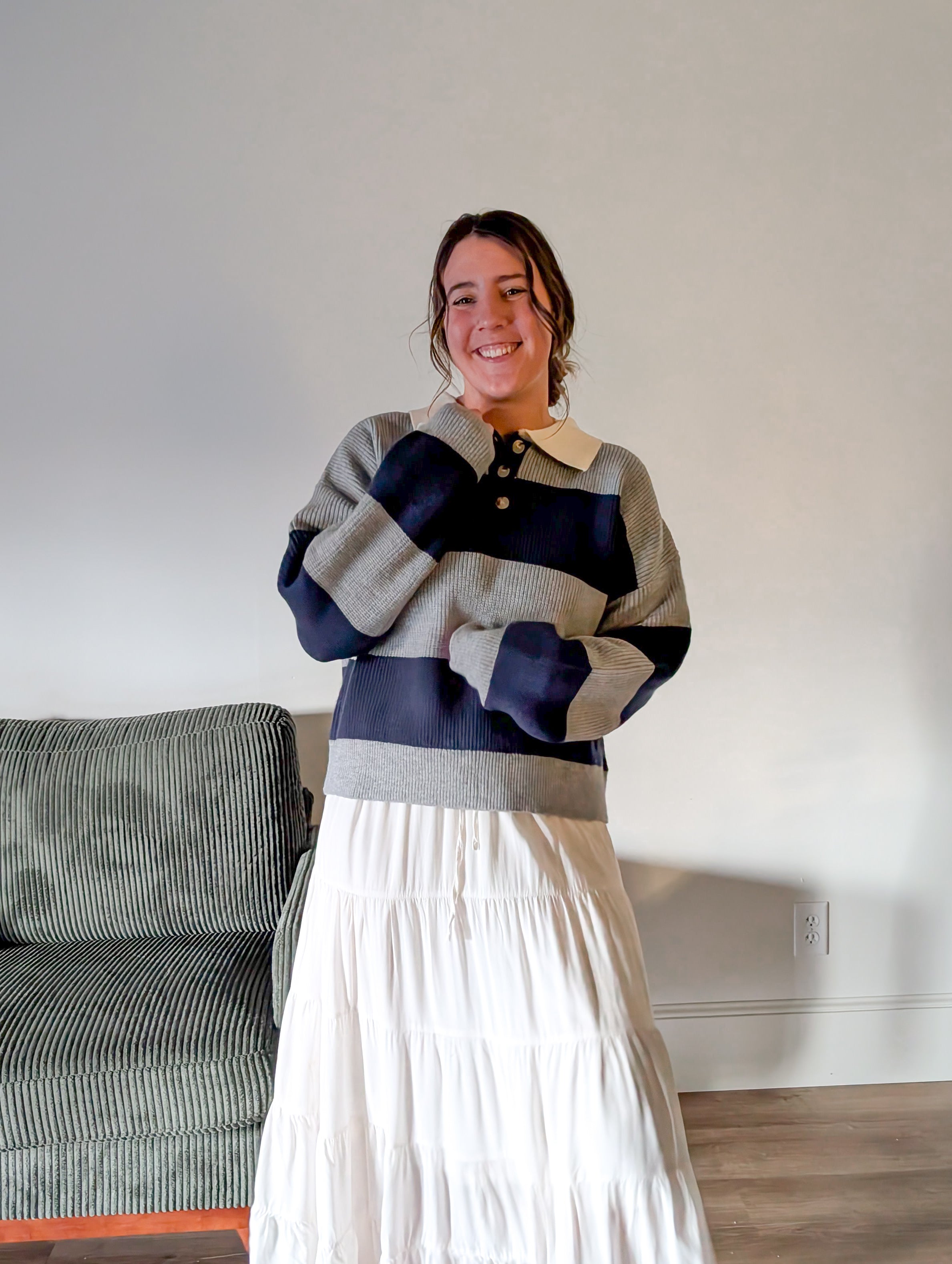 'Poland' Stripe Knit Polo in Grey