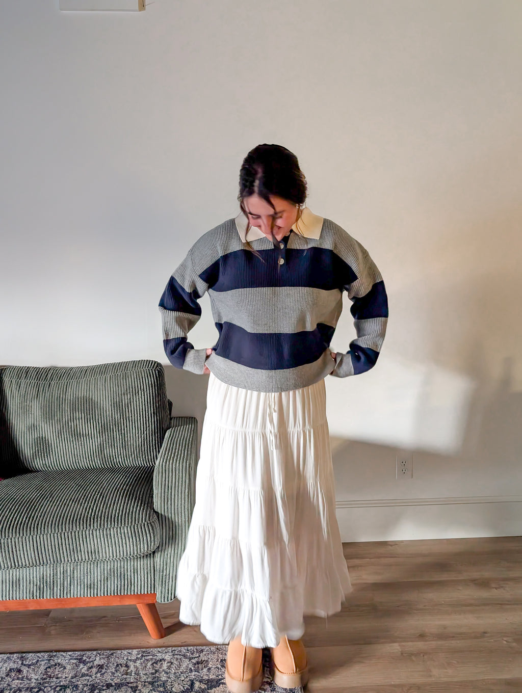 'Poland' Stripe Knit Polo in Grey