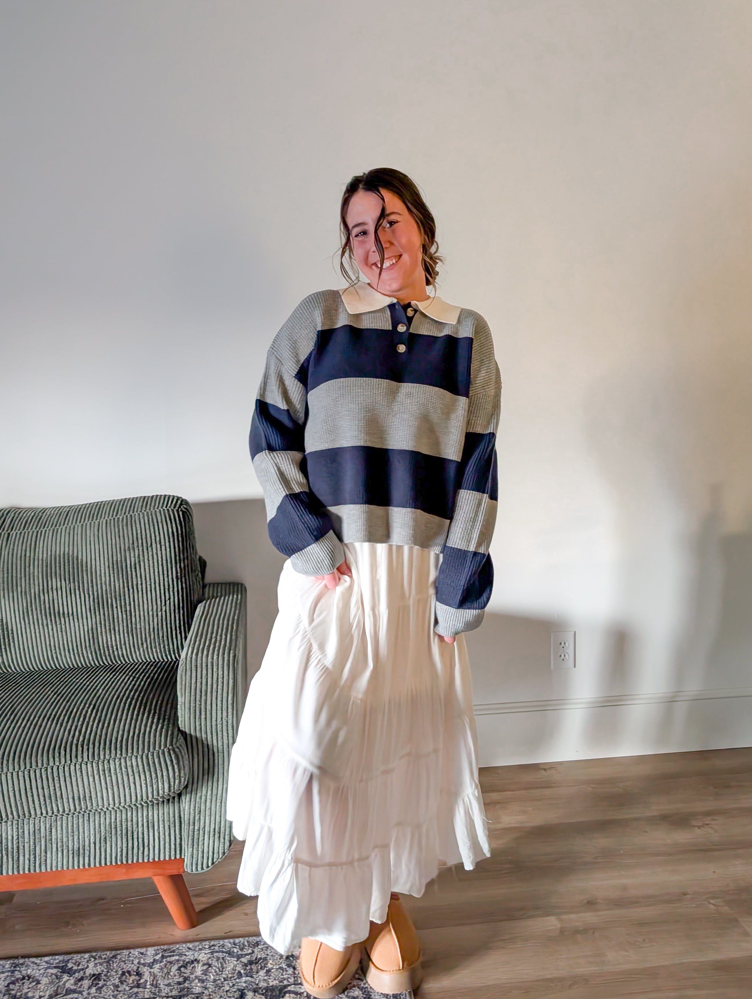 'Poland' Stripe Knit Polo in Grey