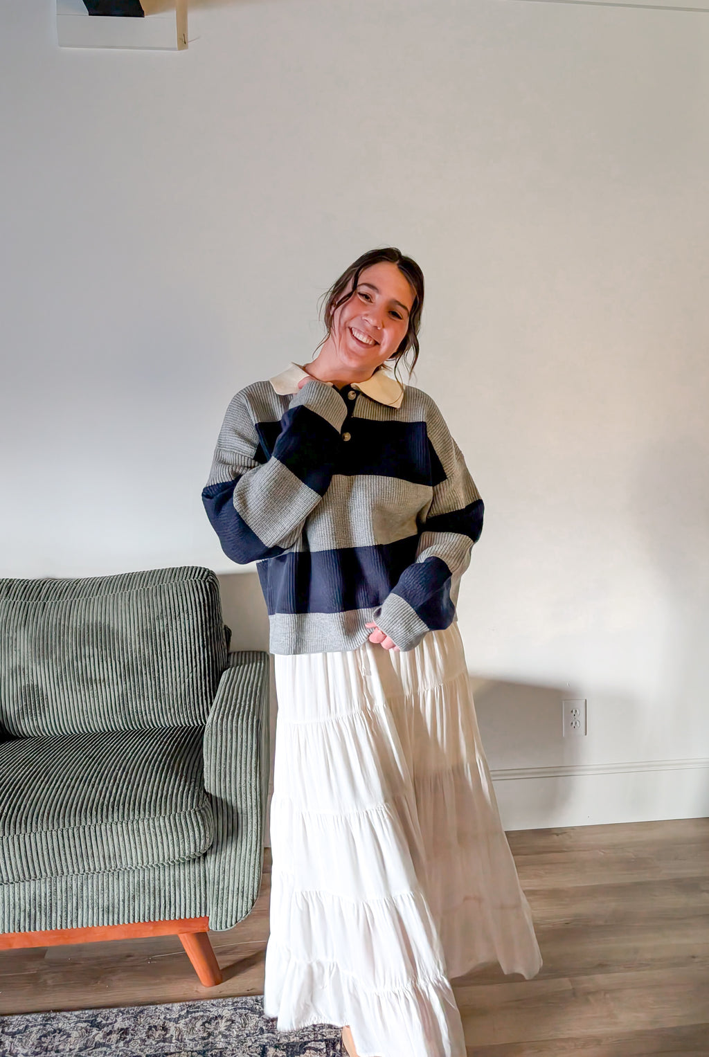 'Poland' Stripe Knit Polo in Grey