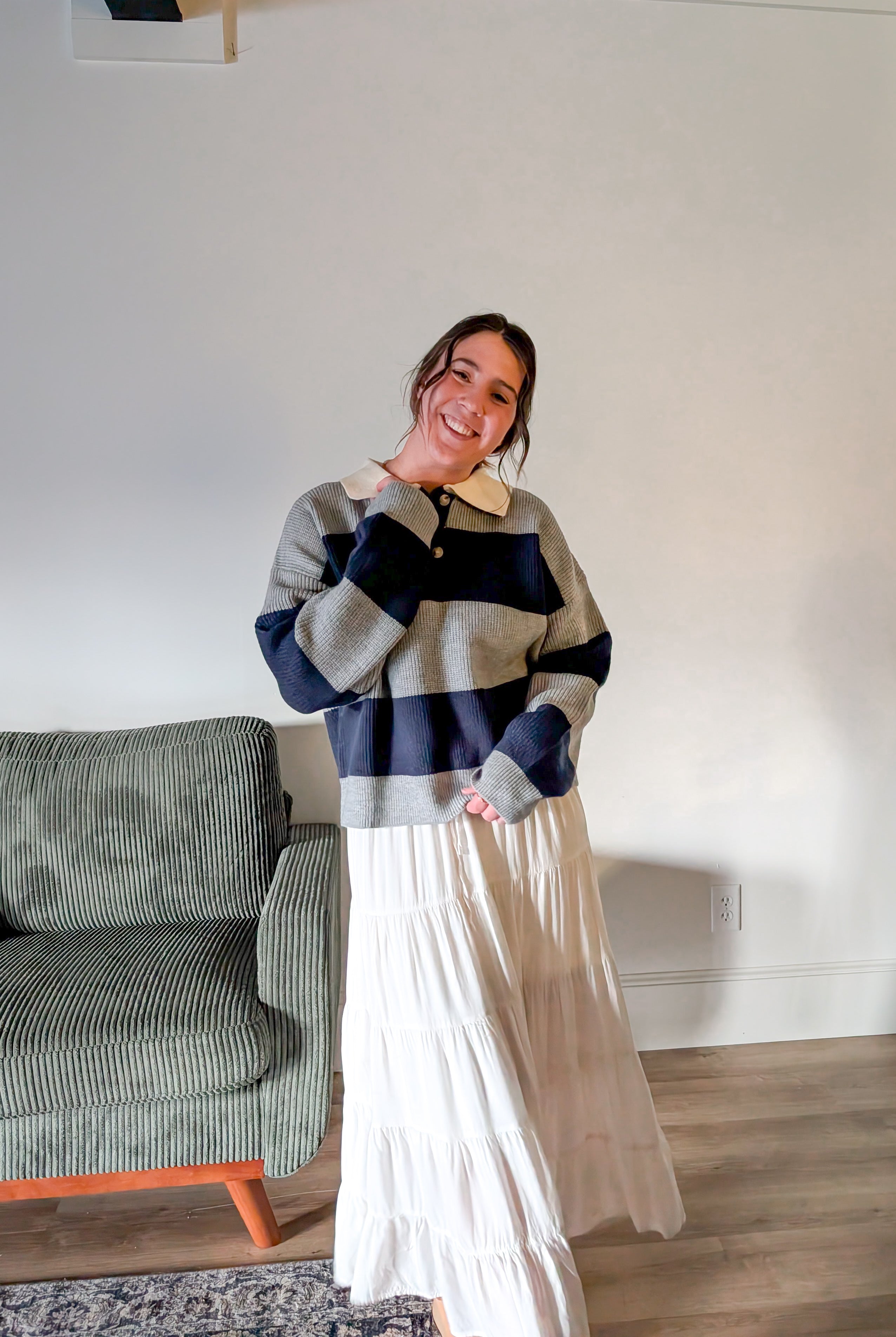 'Poland' Stripe Knit Polo in Grey