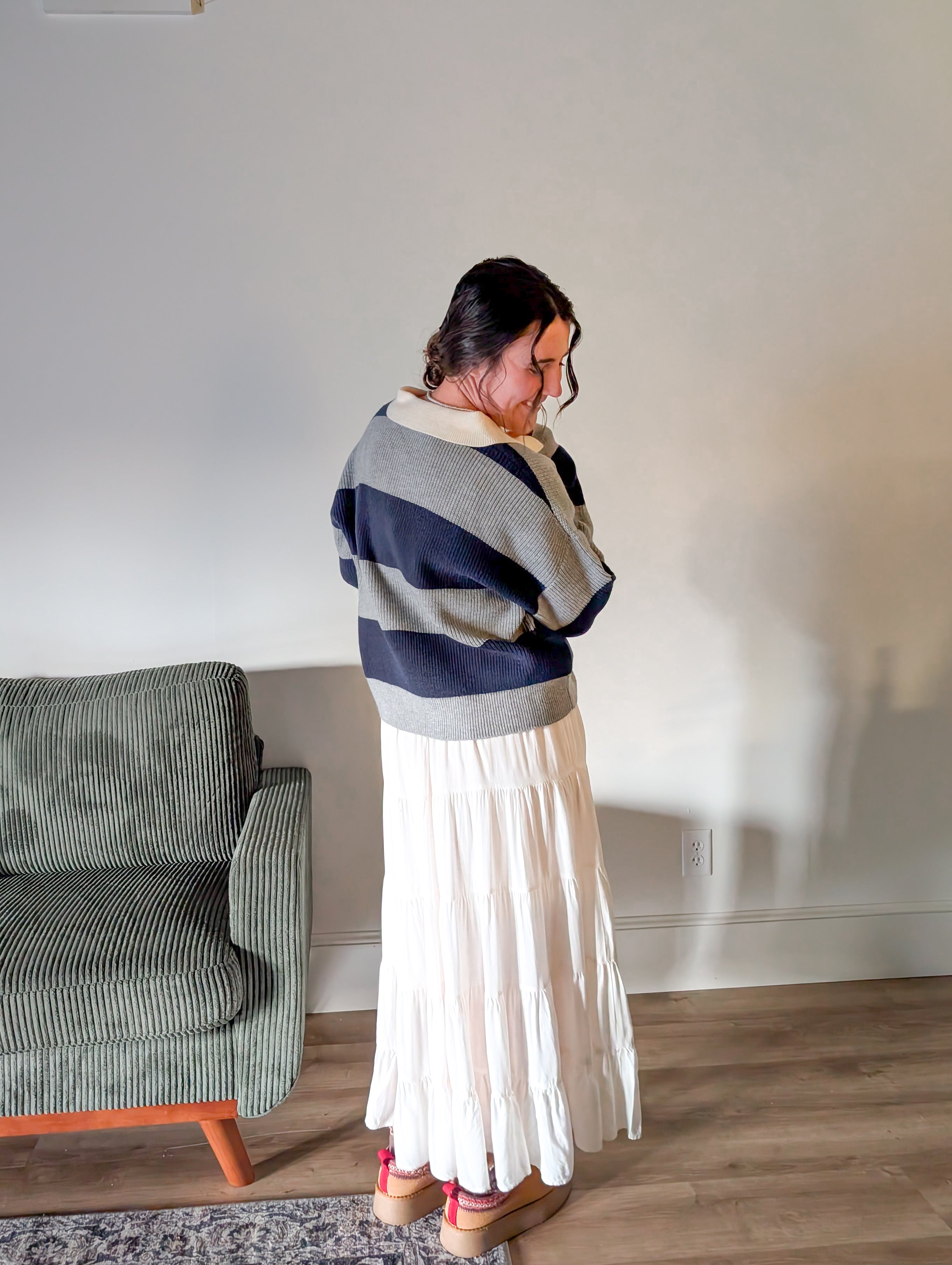 'Poland' Stripe Knit Polo in Grey