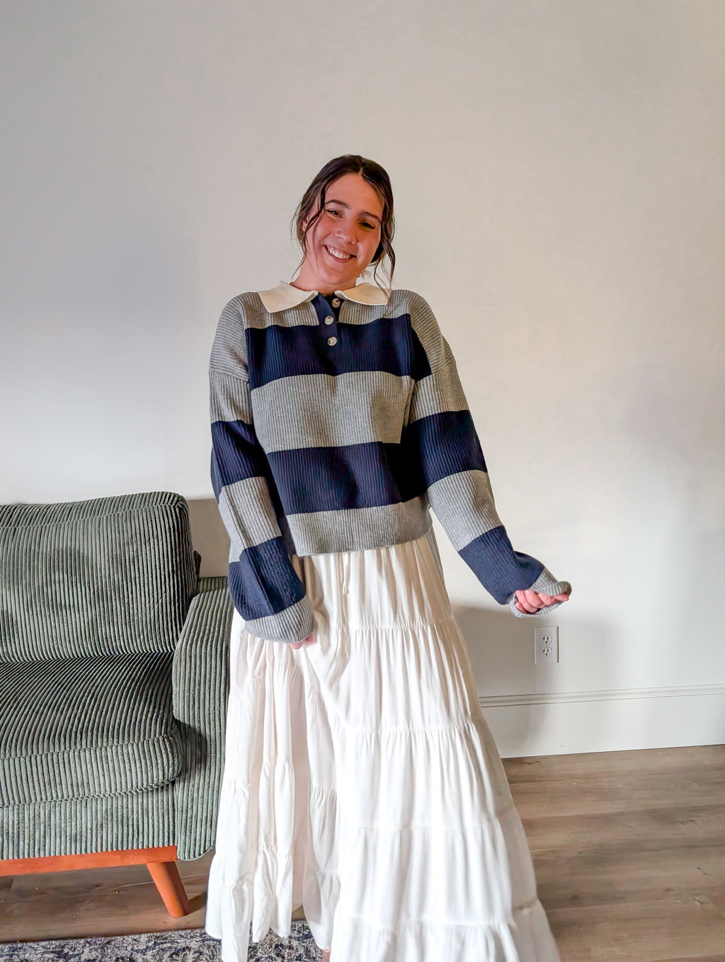 'Poland' Stripe Knit Polo in Grey