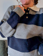 'Poland' Stripe Knit Polo in Grey