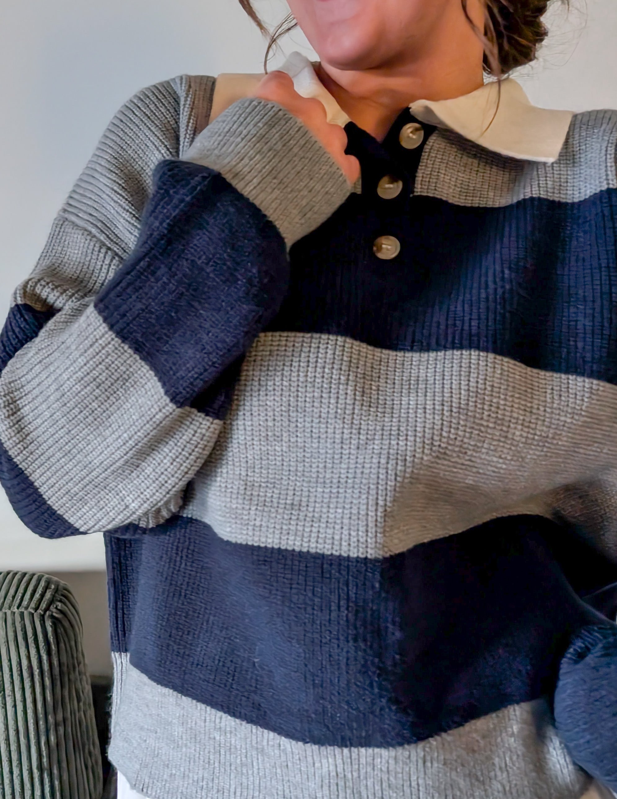 'Poland' Stripe Knit Polo in Grey