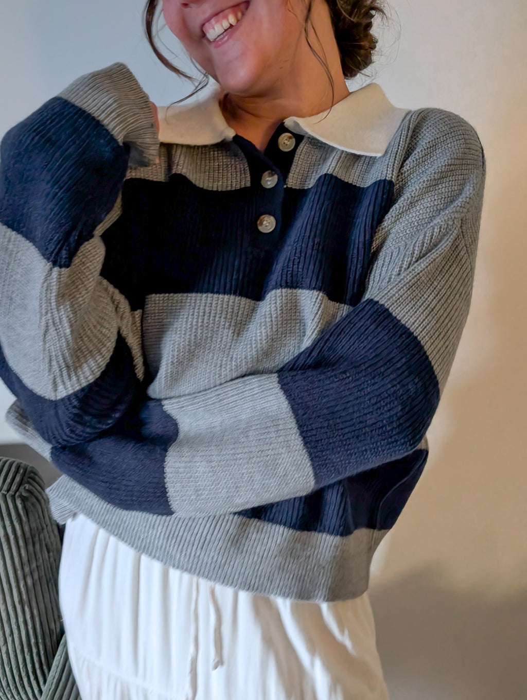 'Poland' Stripe Knit Polo in Grey