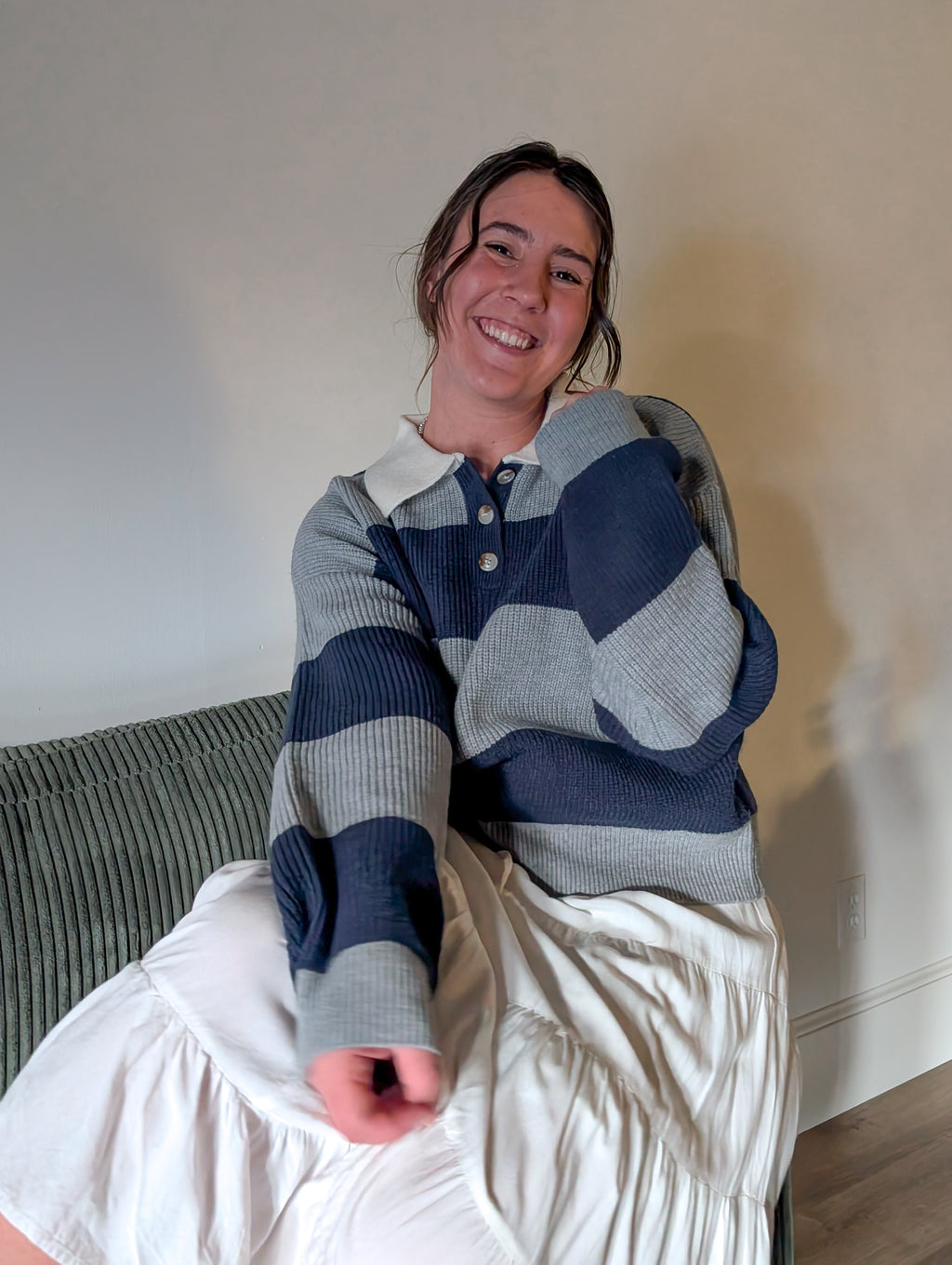 'Poland' Stripe Knit Polo in Grey