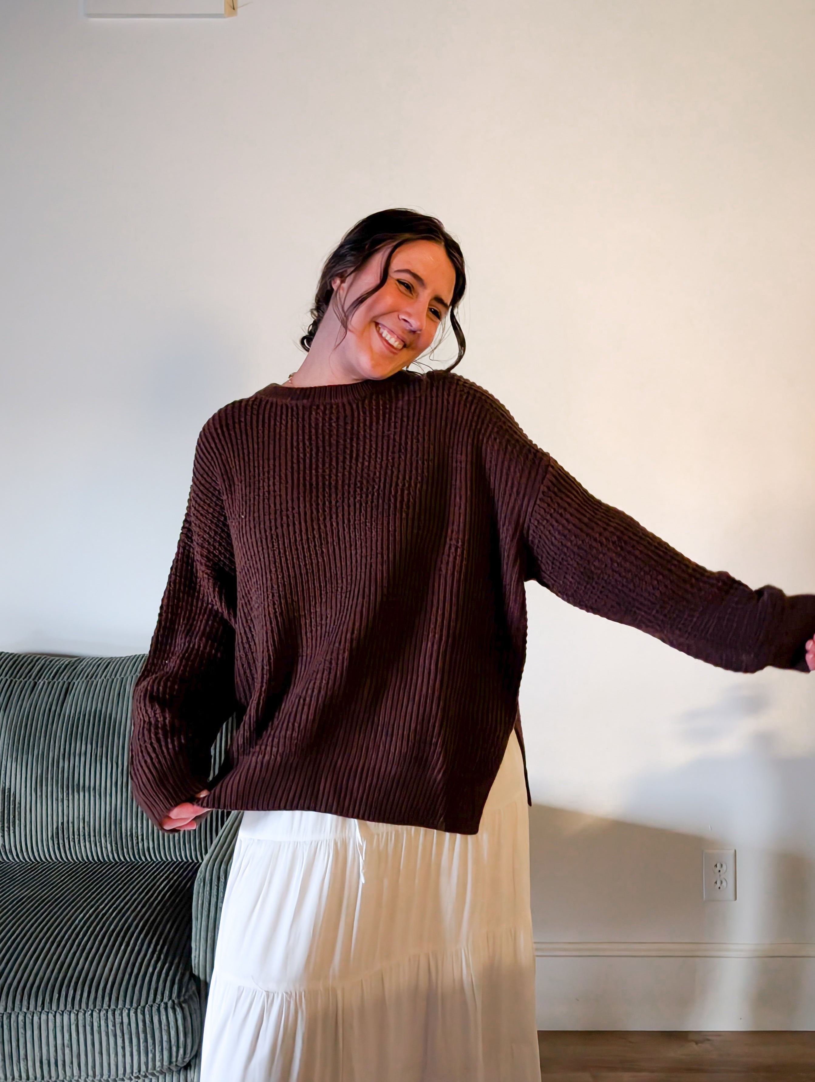 'Harper' Waffle Knit Sweater in Brown