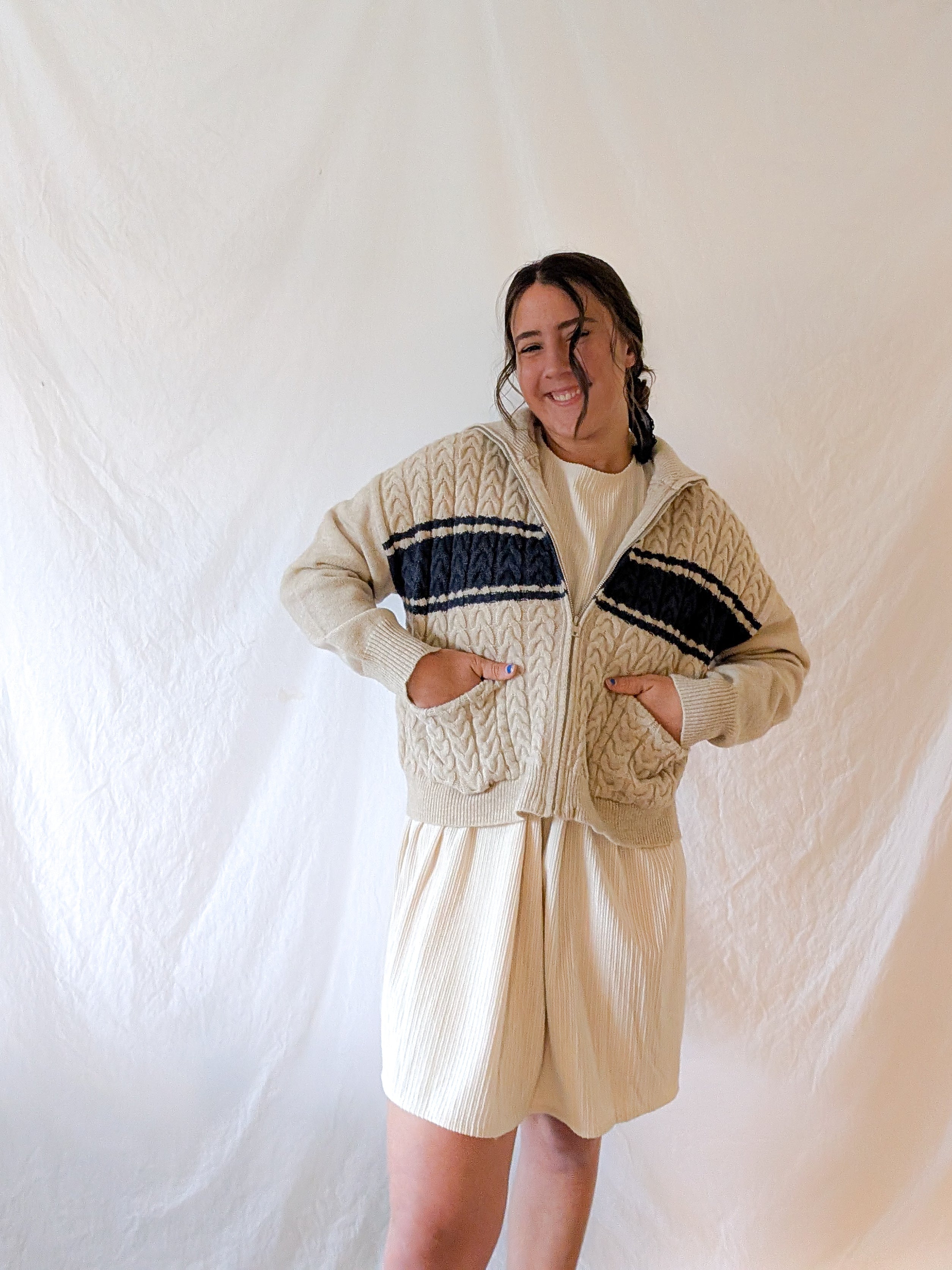 'Terry' Cable Knit Zip Up in Beage