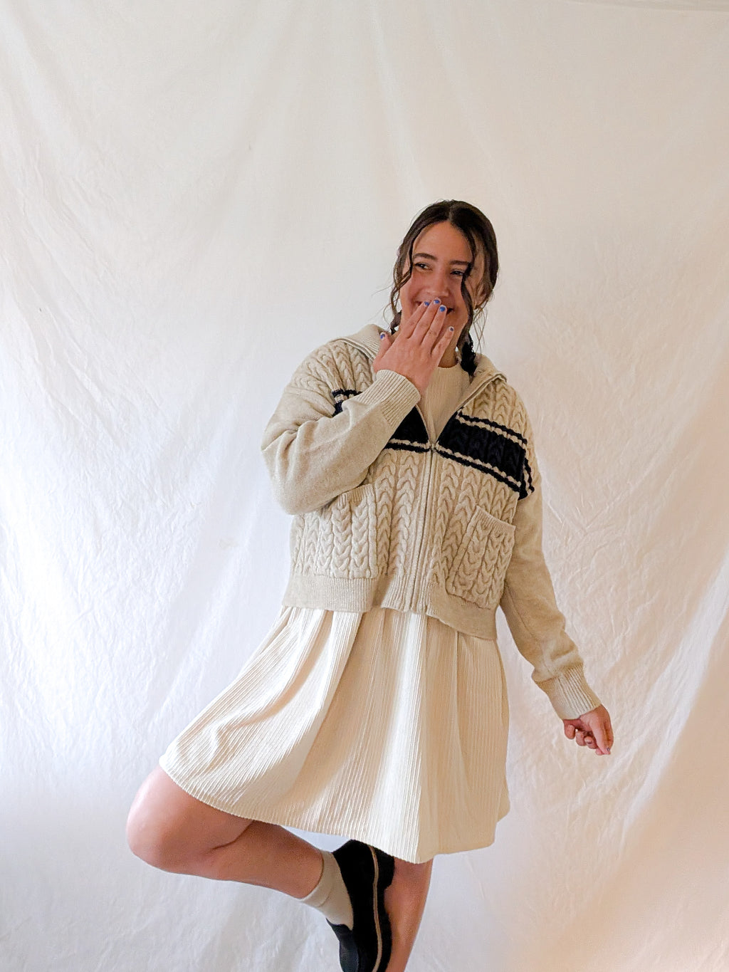 'Terry' Cable Knit Zip Up in Beage