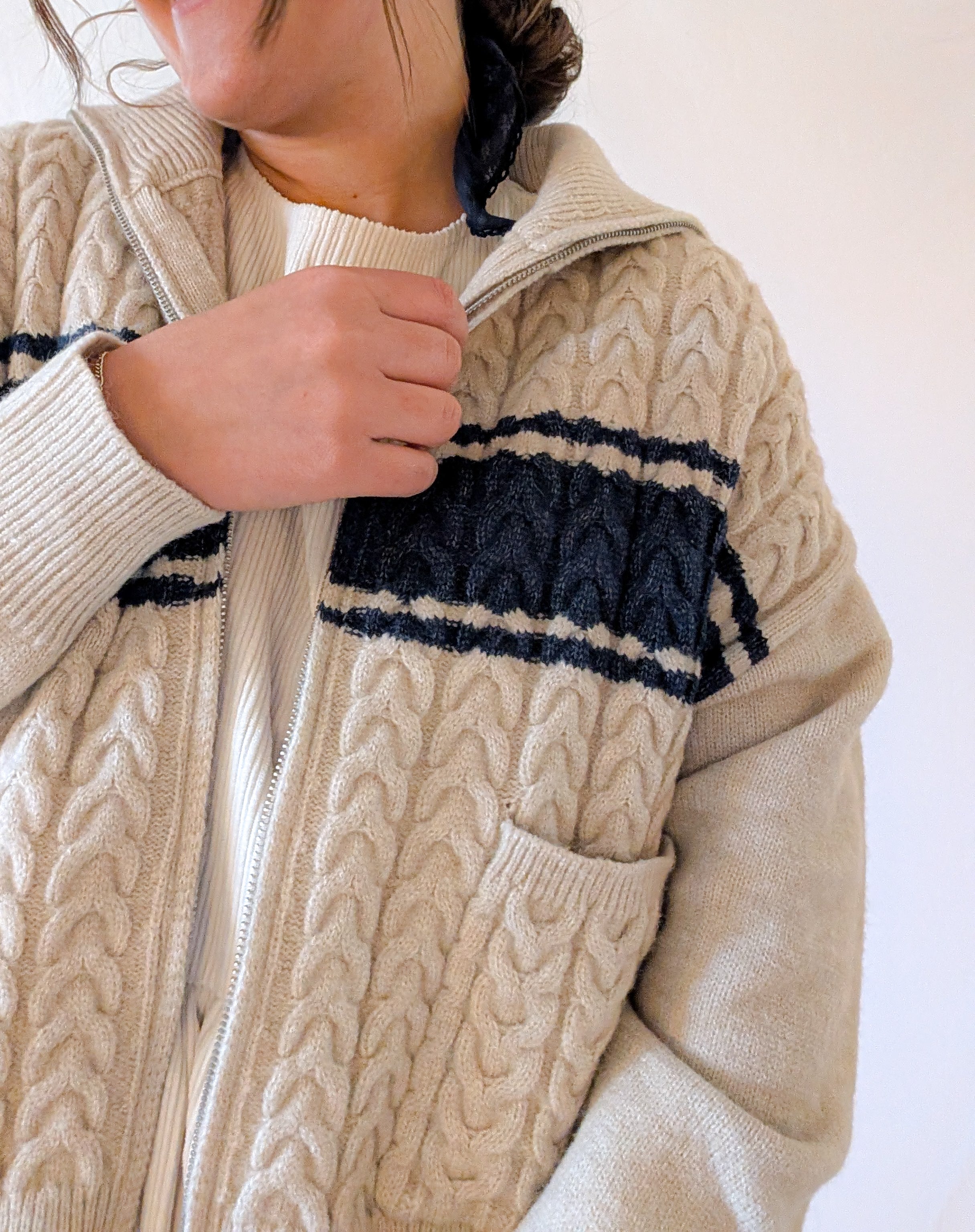 'Terry' Cable Knit Zip Up in Beage