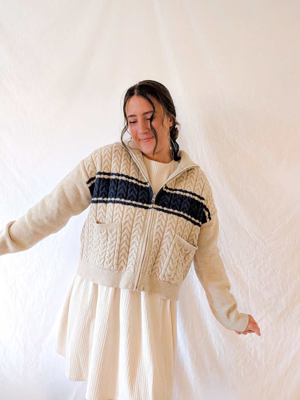 'Terry' Cable Knit Zip Up in Beage