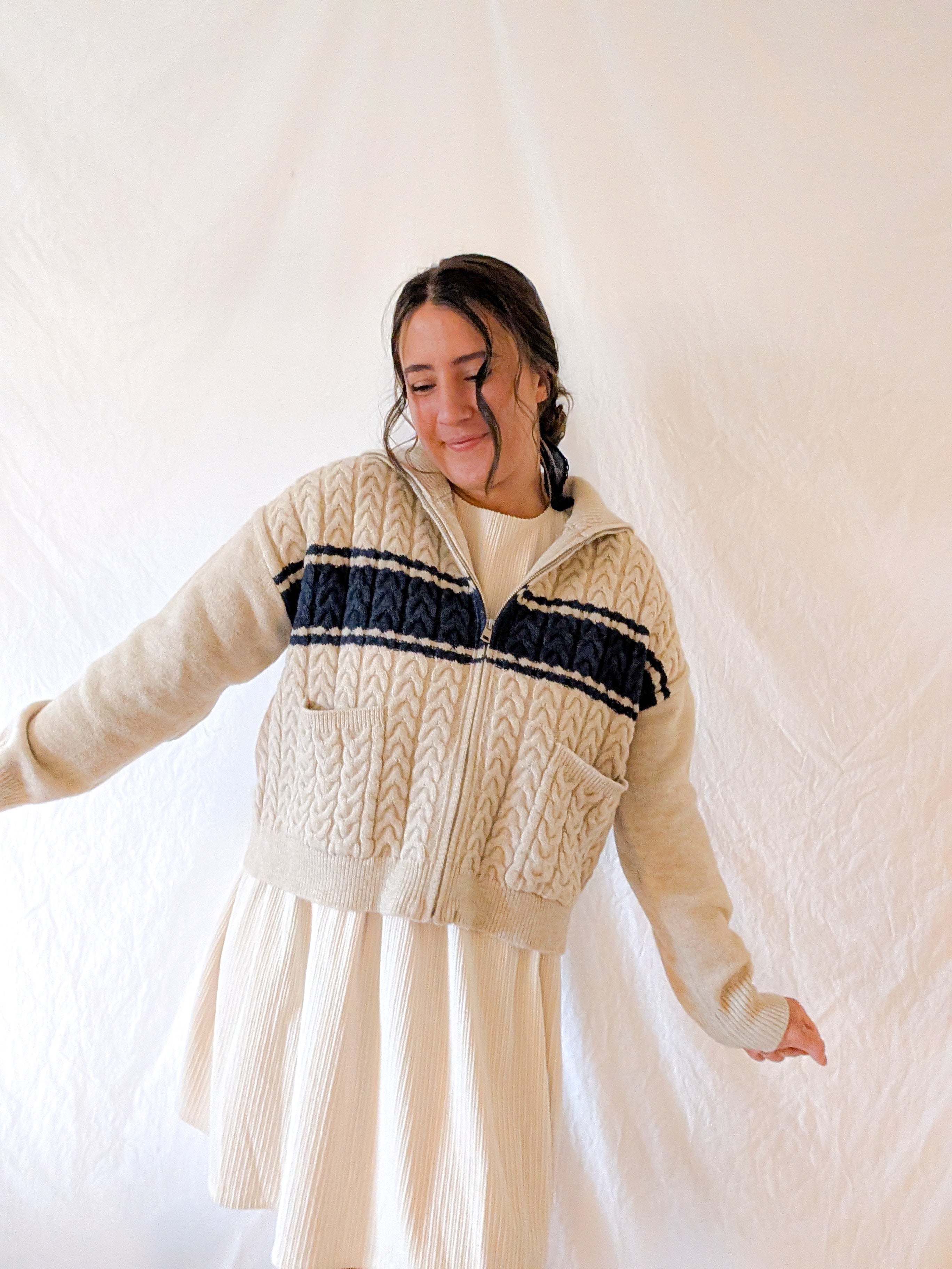 'Terry' Cable Knit Zip Up in Beage