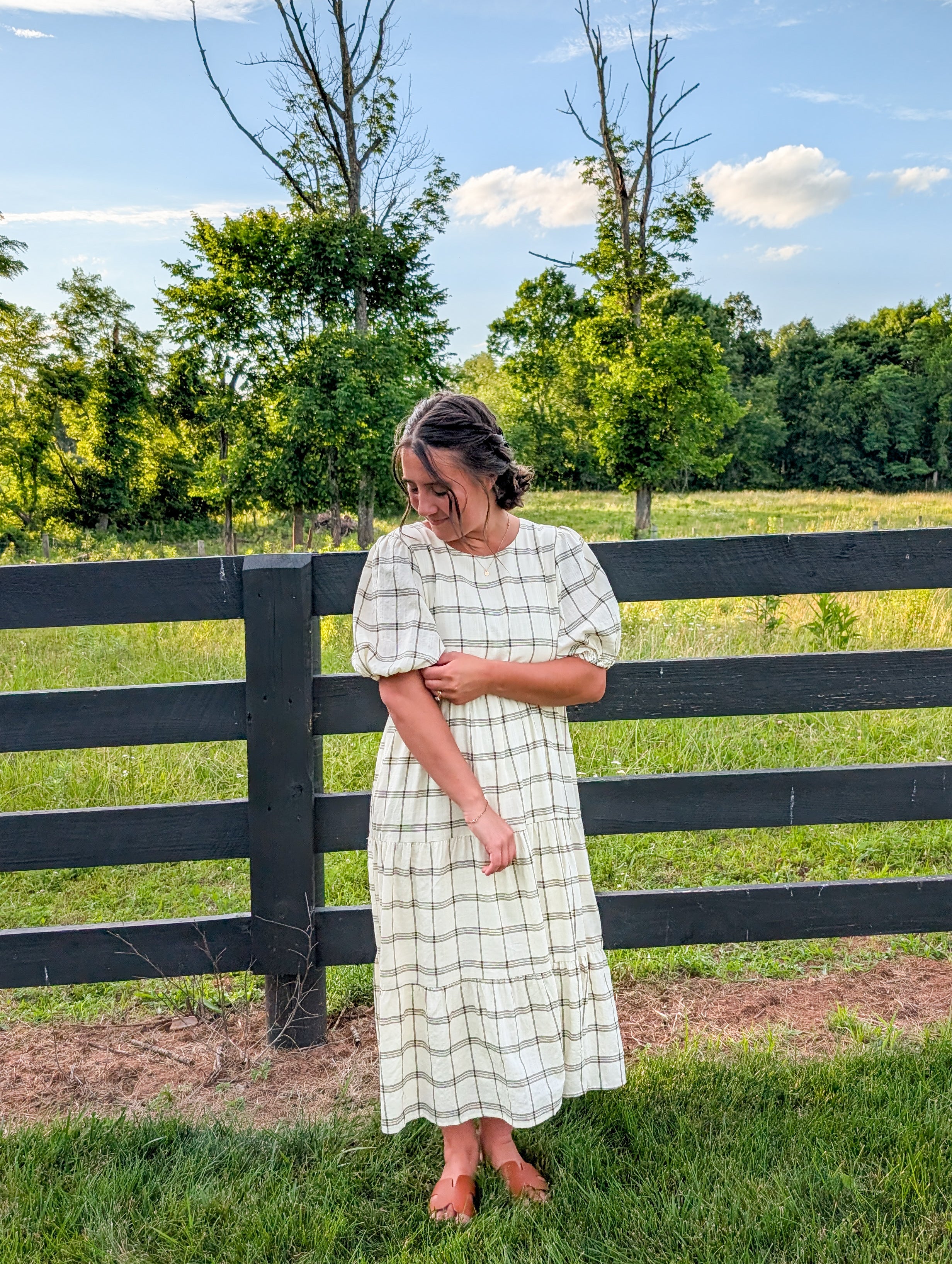 'Maylah' Gingham Midi Dress in Cream