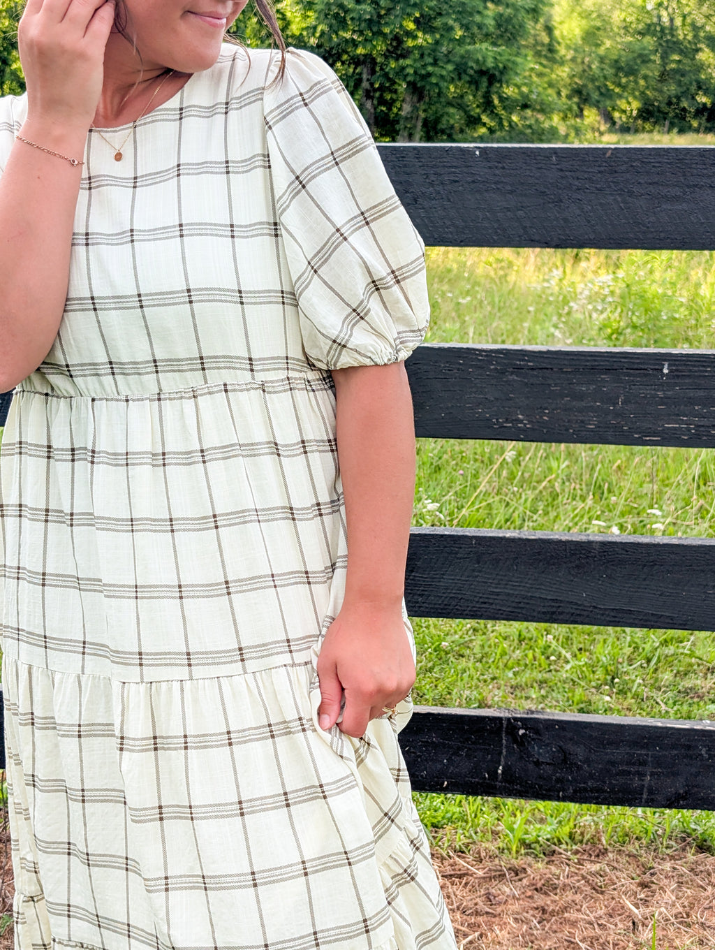 'Maylah' Gingham Midi Dress in Cream