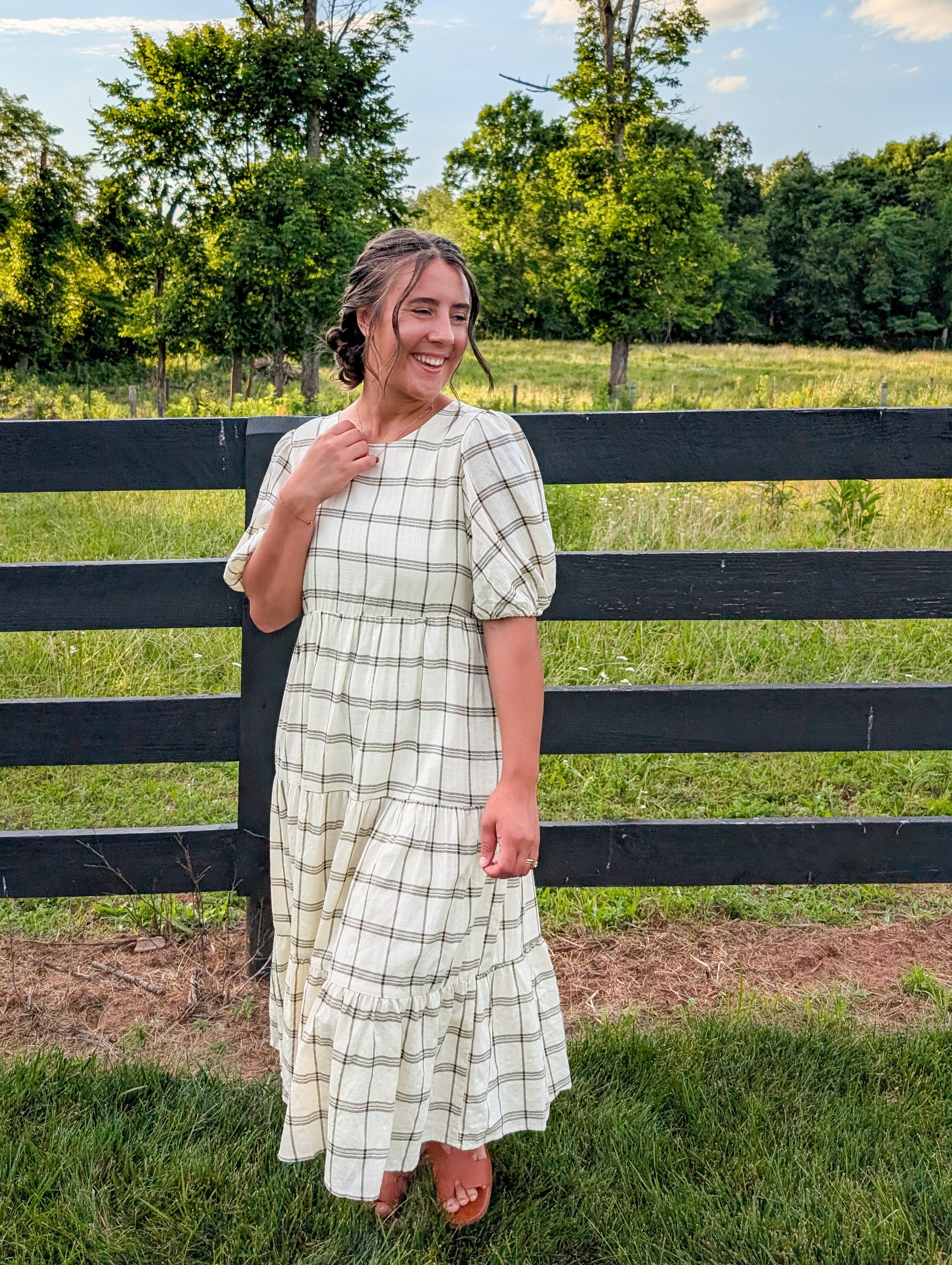'Maylah' Gingham Midi Dress in Cream