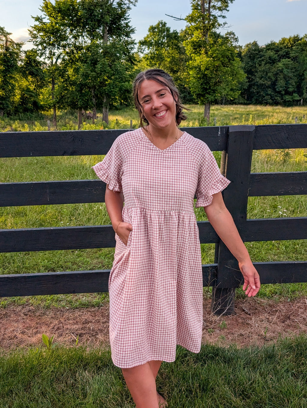 'Amelia' Gingham Midi Dress in Soft Pink